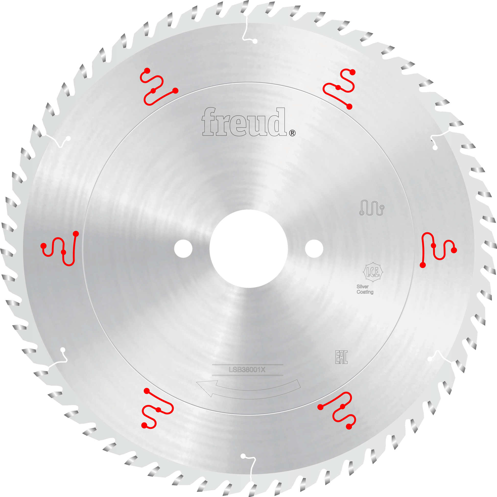 Silver circular saw blade with Freud branding, central mounting hole, and red marker symbols around the edge.