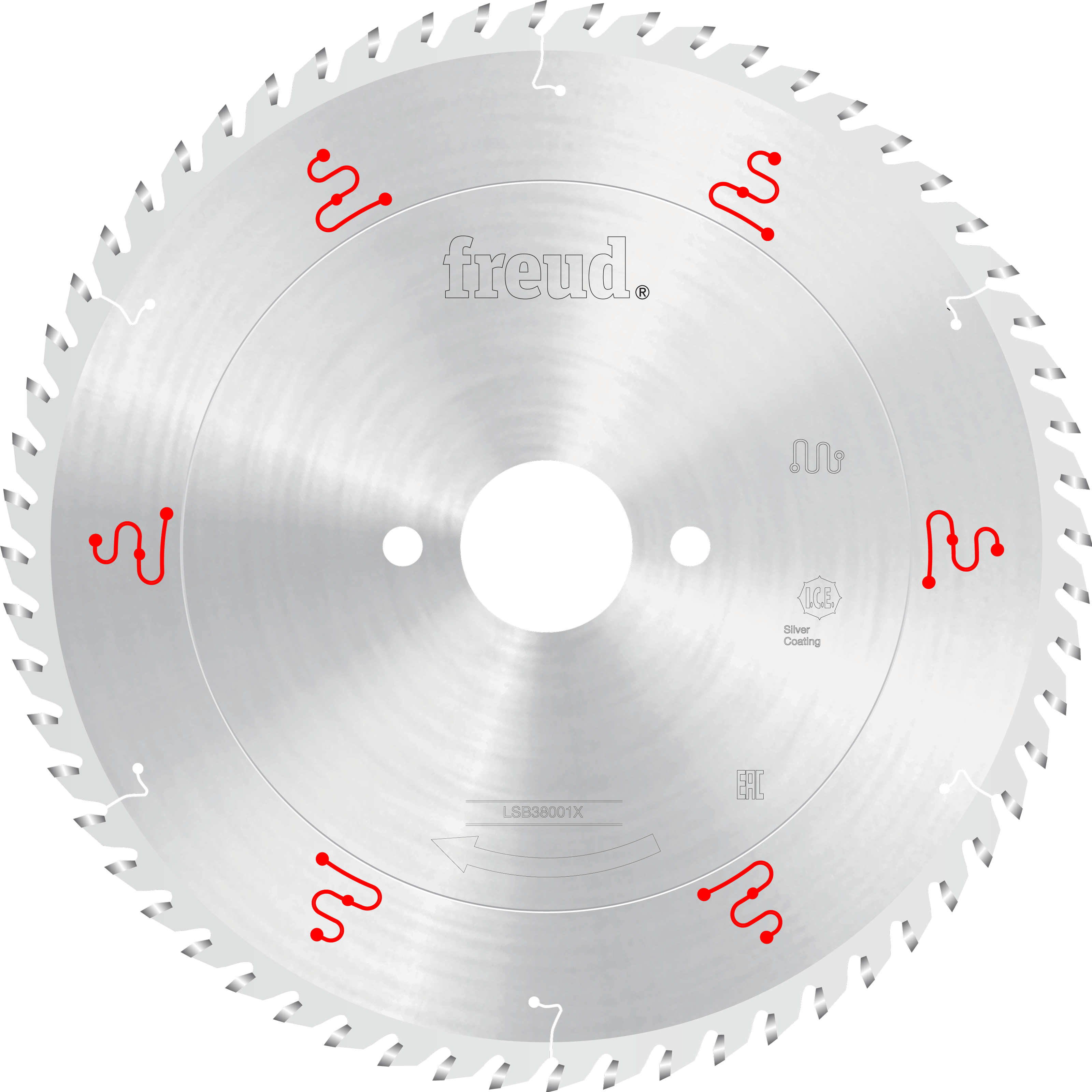 Silver circular saw blade with Freud branding, central mounting hole, and red marker symbols around the edge.