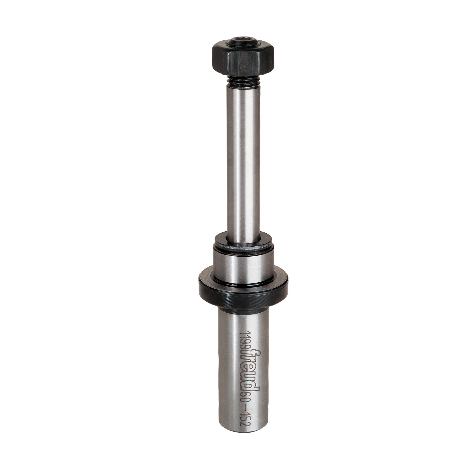 Metal slotting cutter arbor with black knurled knob at top and cylindrical shaft with bearing collar.