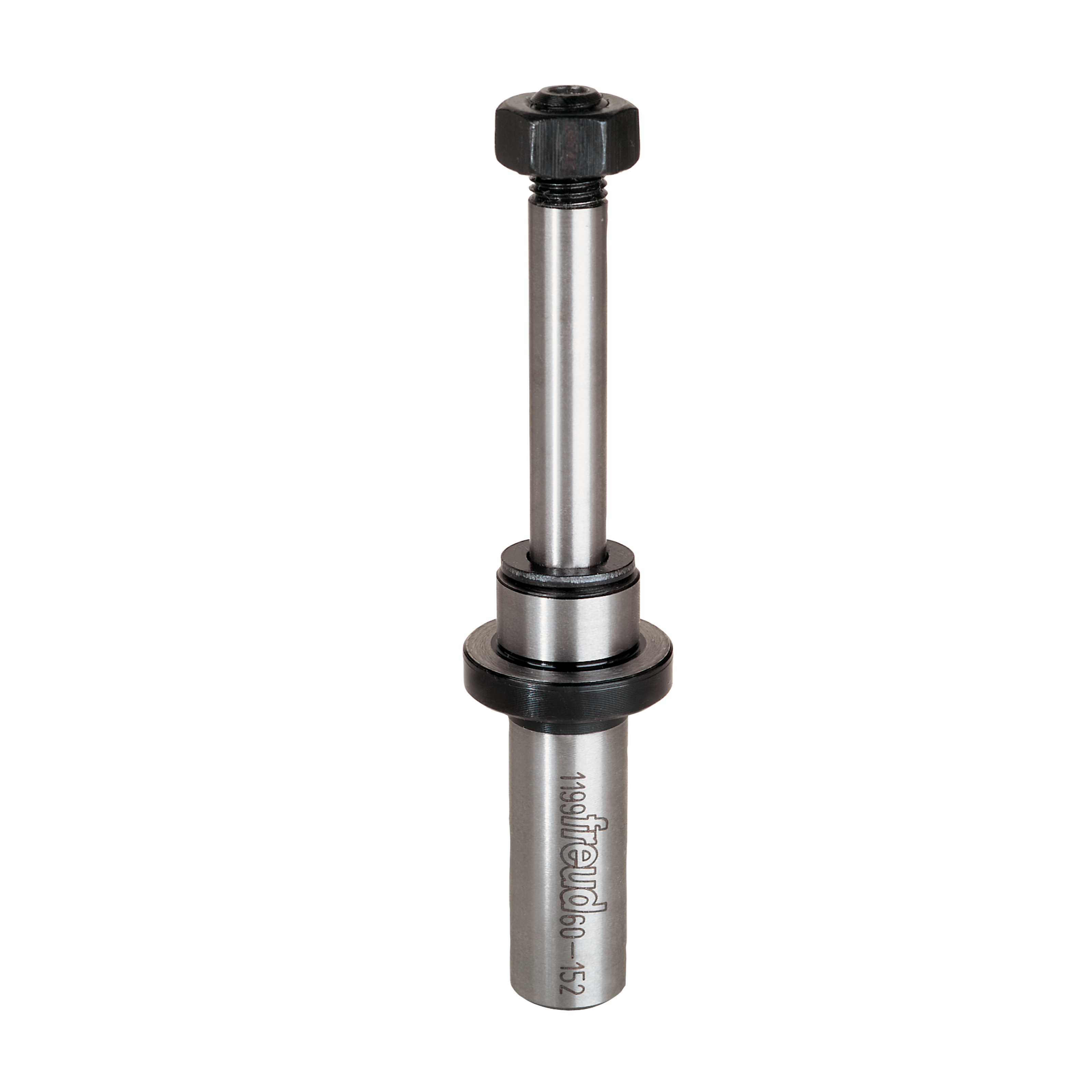 Metal slotting cutter arbor with black knurled knob at top and cylindrical shaft with bearing collar.
