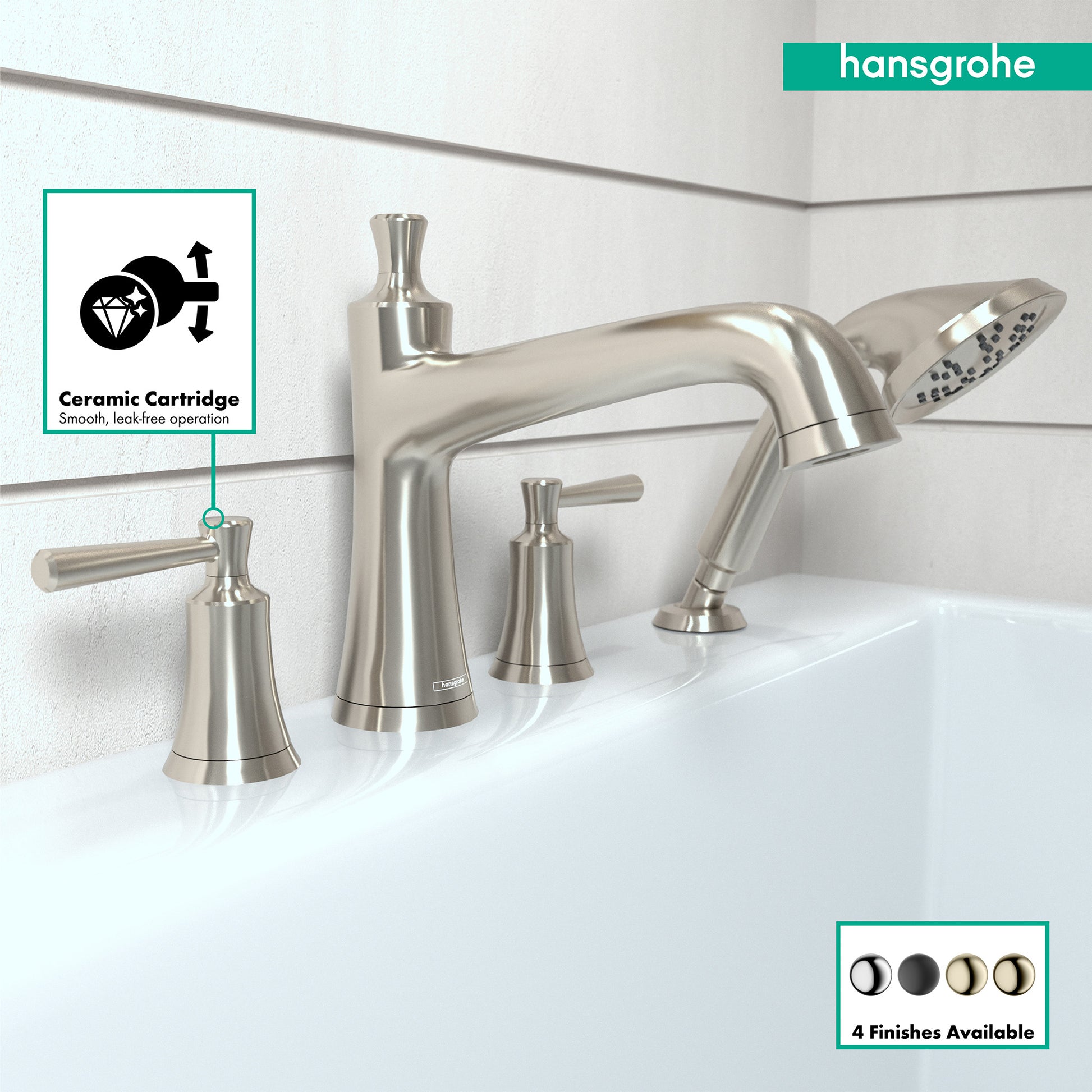 Brushed nickel 4-hole roman tub set with curved spout, handheld showerhead, and three lever controls on white bathtub rim.