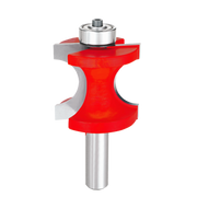 Red half-round router bit with bearing guide and metal shank on white background.