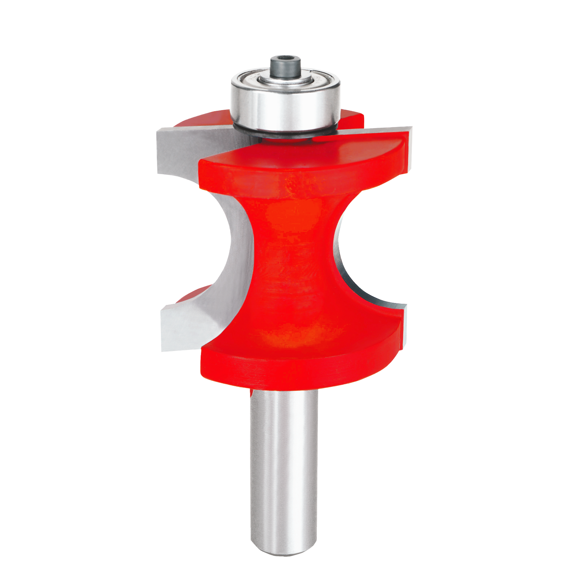 Red half-round router bit with bearing guide and metal shank on white background.