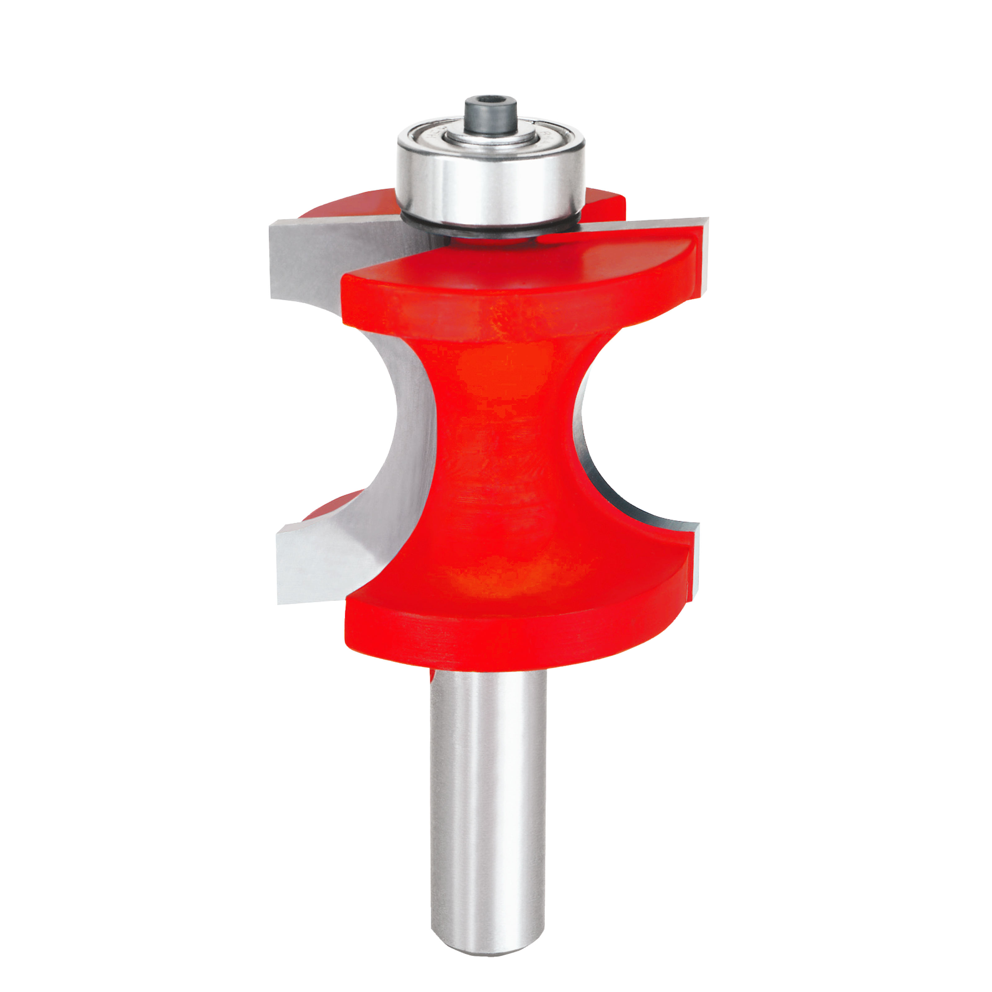 Red half-round router bit with bearing guide and metal shank on white background.