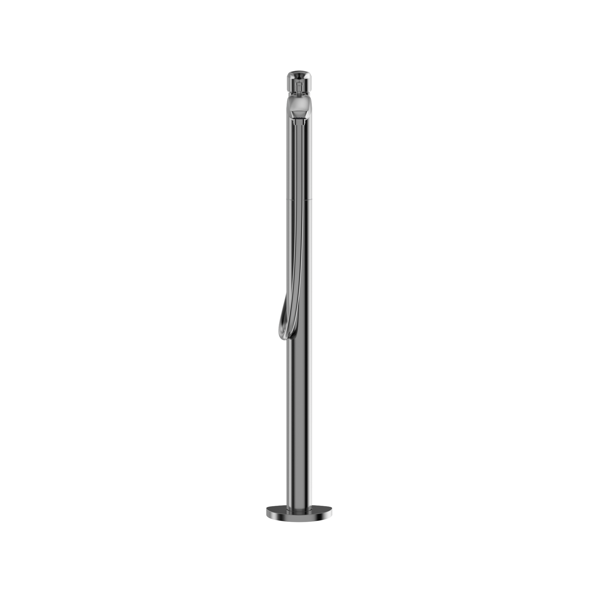 Polished chrome freestanding tub filler with single handle and attached handshower on coiled hose.