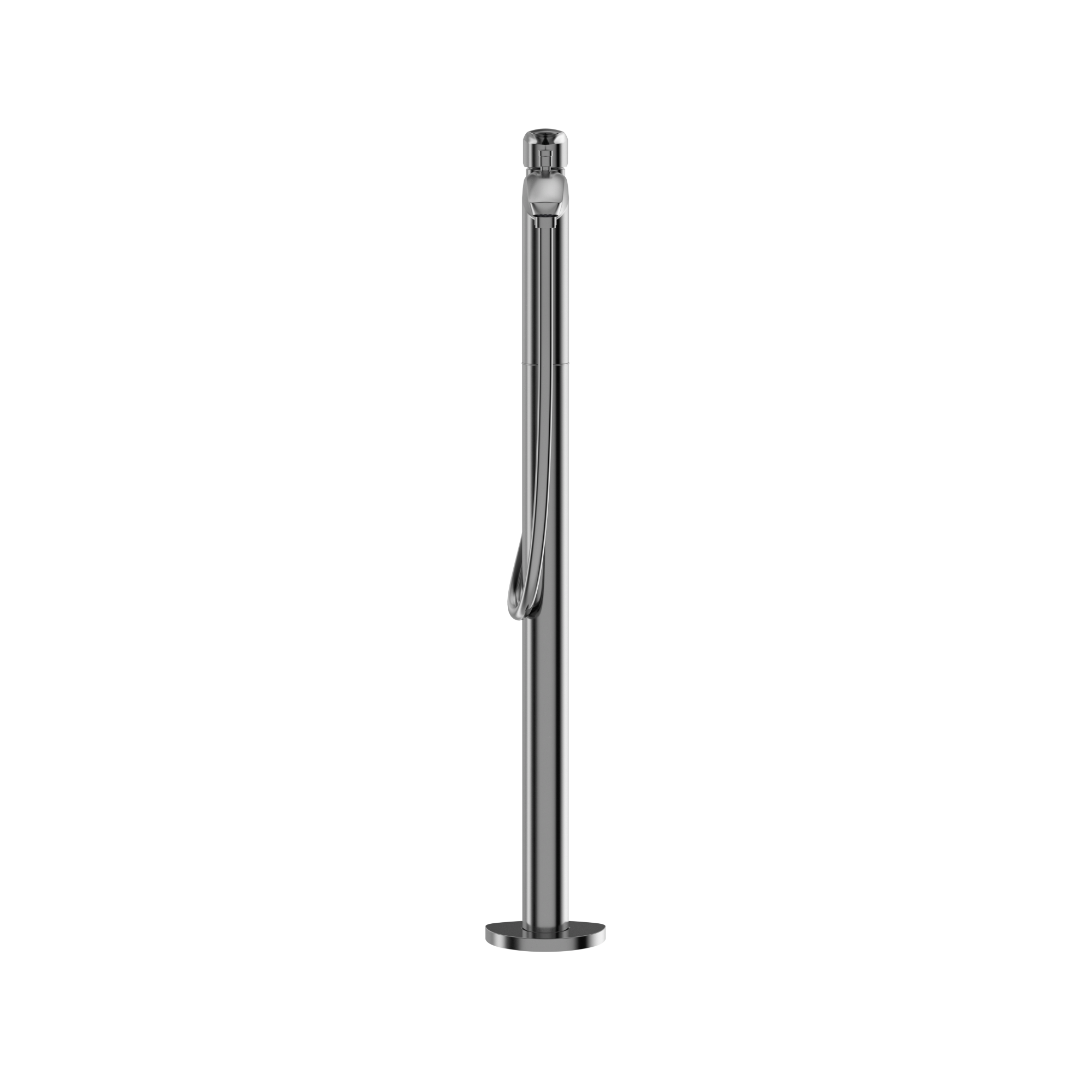 Polished chrome freestanding tub filler with single handle and attached handshower on coiled hose.