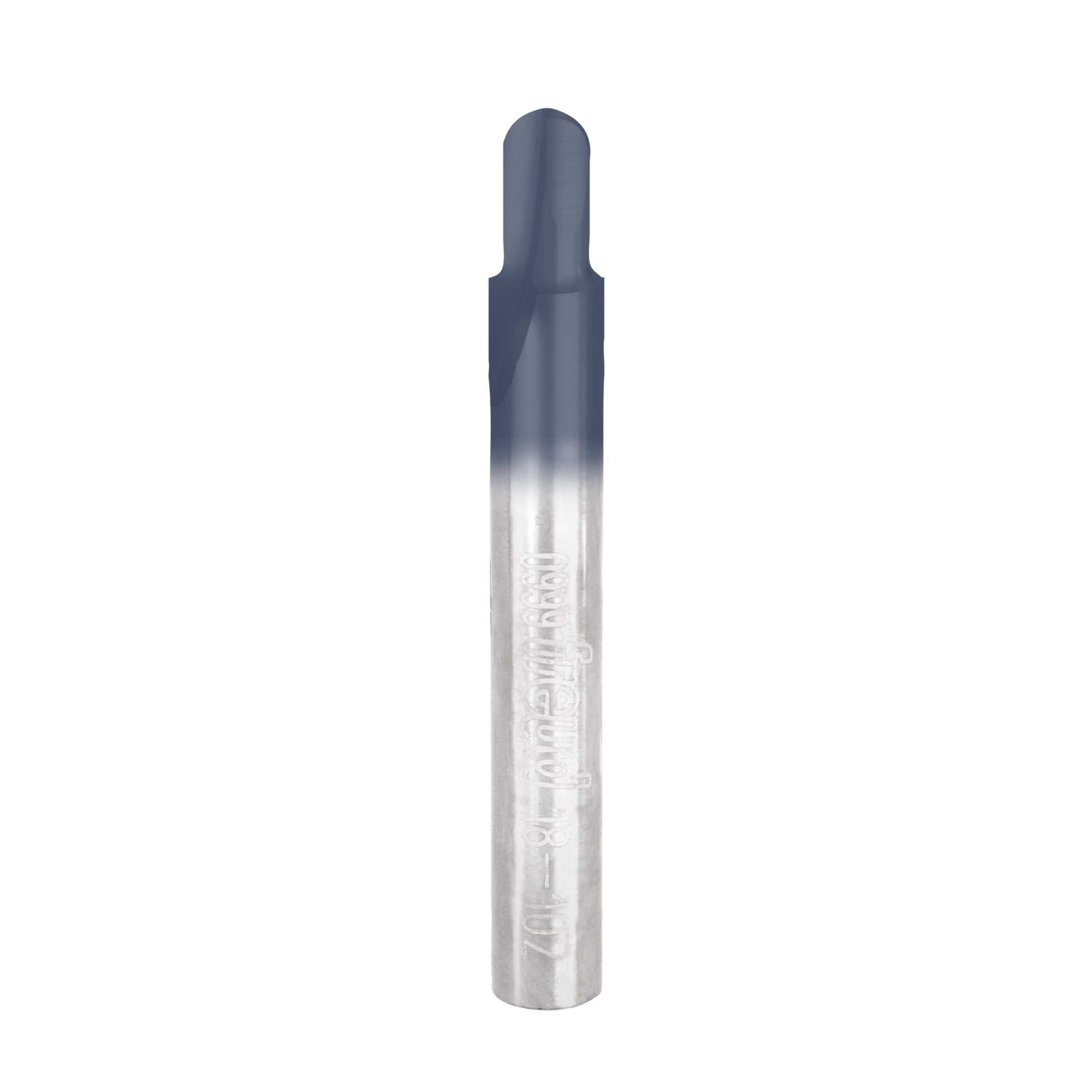Silver and dark gray round nose router bit with rounded top end and cylindrical shaft.
