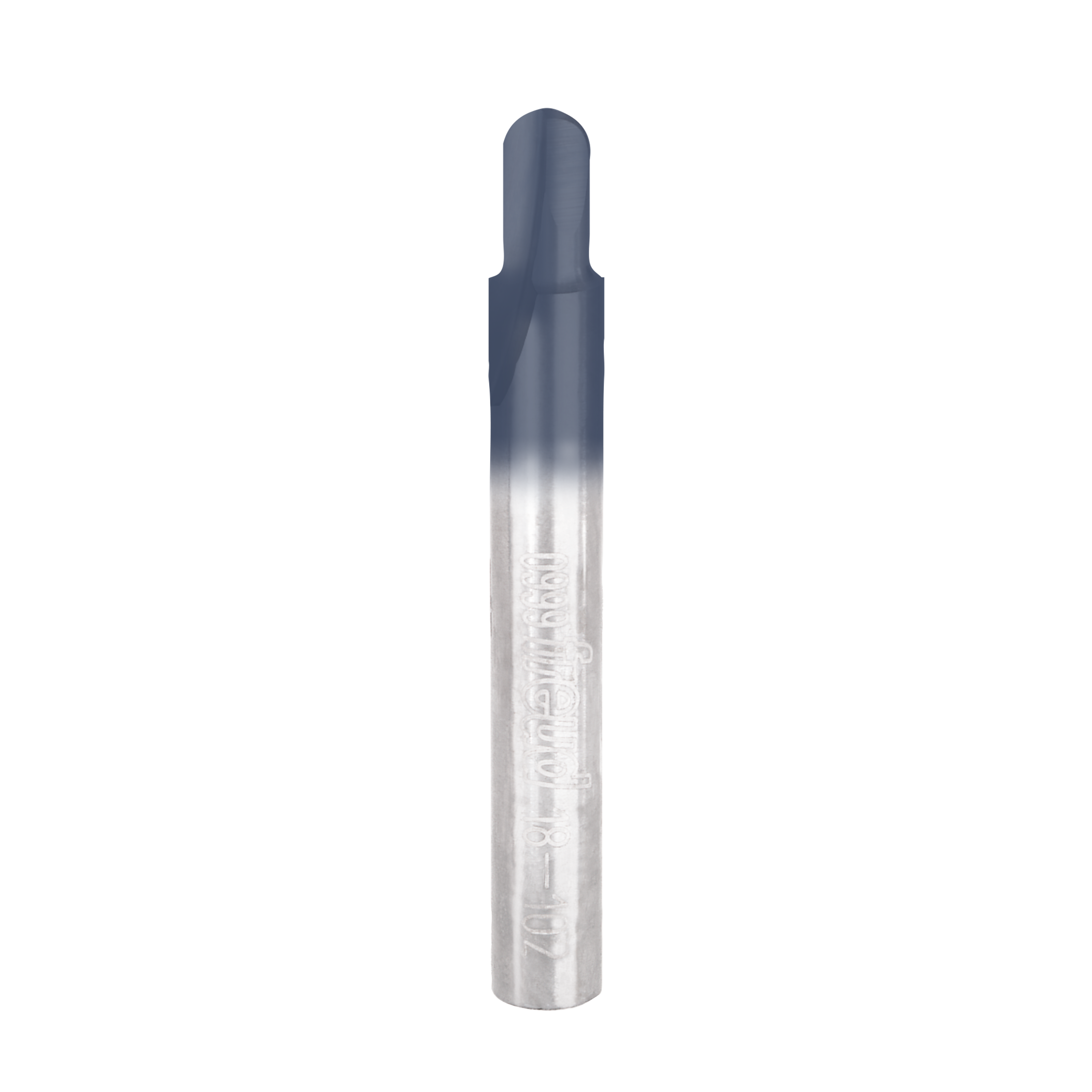 Silver and dark gray round nose router bit with rounded top end and cylindrical shaft.