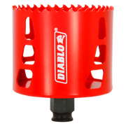 Red cylindrical hole saw with serrated cutting edge and Diablo branding, black arbor attached at base.