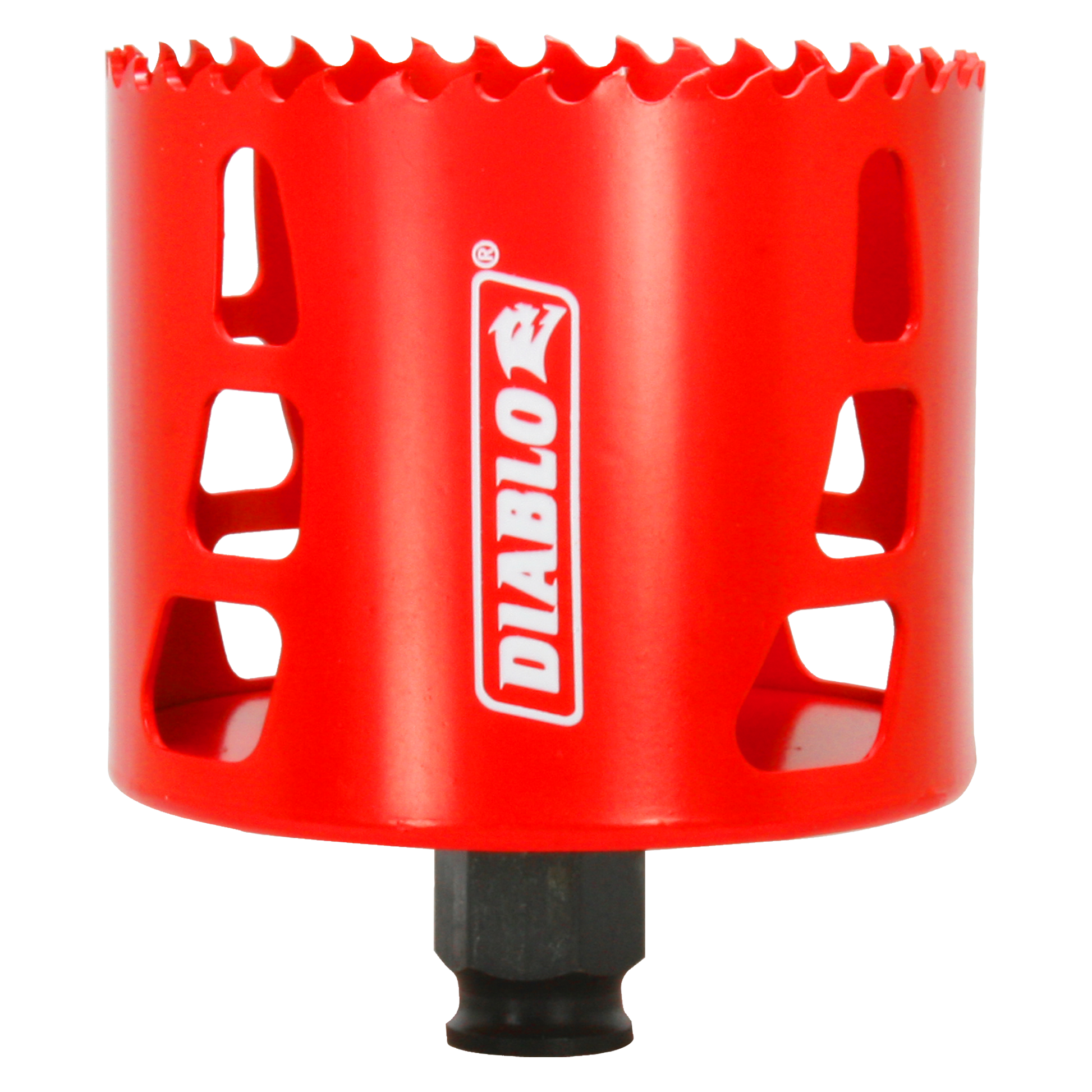 Red cylindrical hole saw with serrated cutting edge and Diablo branding, black arbor attached at base.