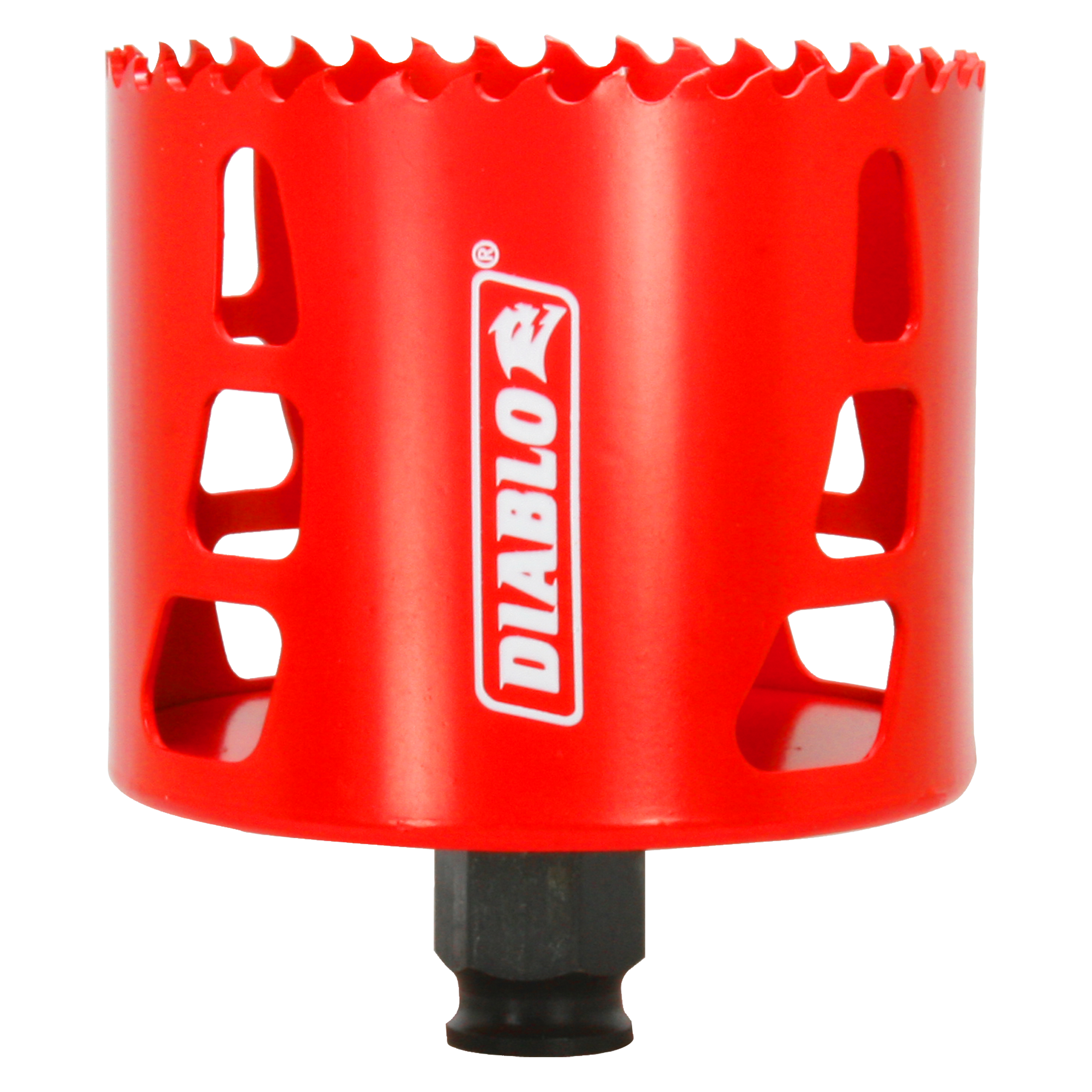 Red cylindrical hole saw with serrated cutting edge and Diablo branding, black arbor attached at base.