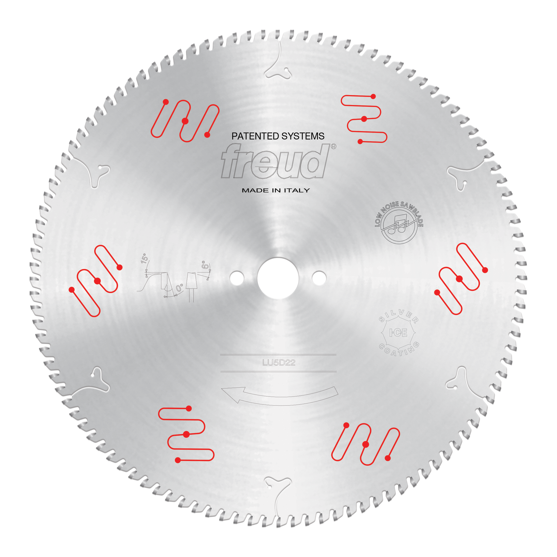 Circular saw blade with multiple teeth around the edge and red patented system markings on silvered aluminum surface.