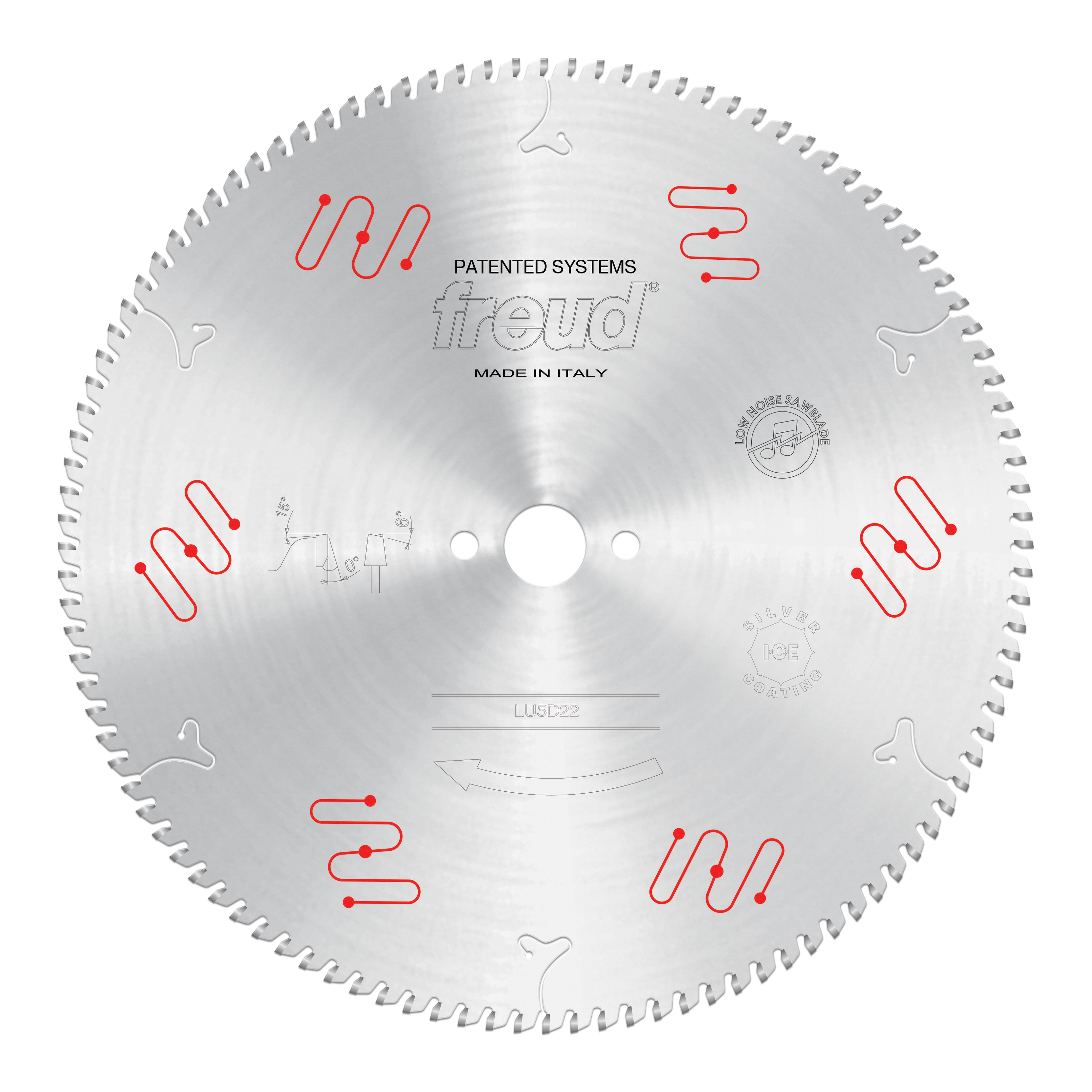 Circular saw blade with multiple teeth around the edge and red patented system markings on silvered aluminum surface.