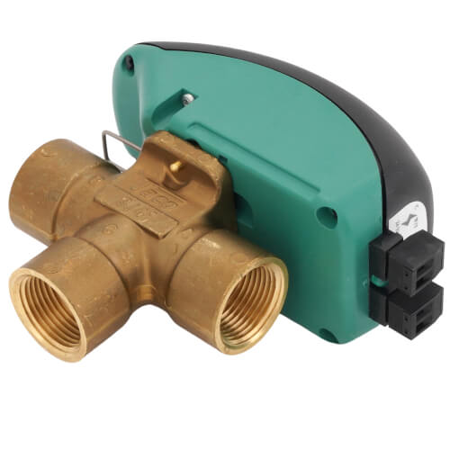 Brass 3-way zone valve with teal actuator housing and black electrical connector attached.