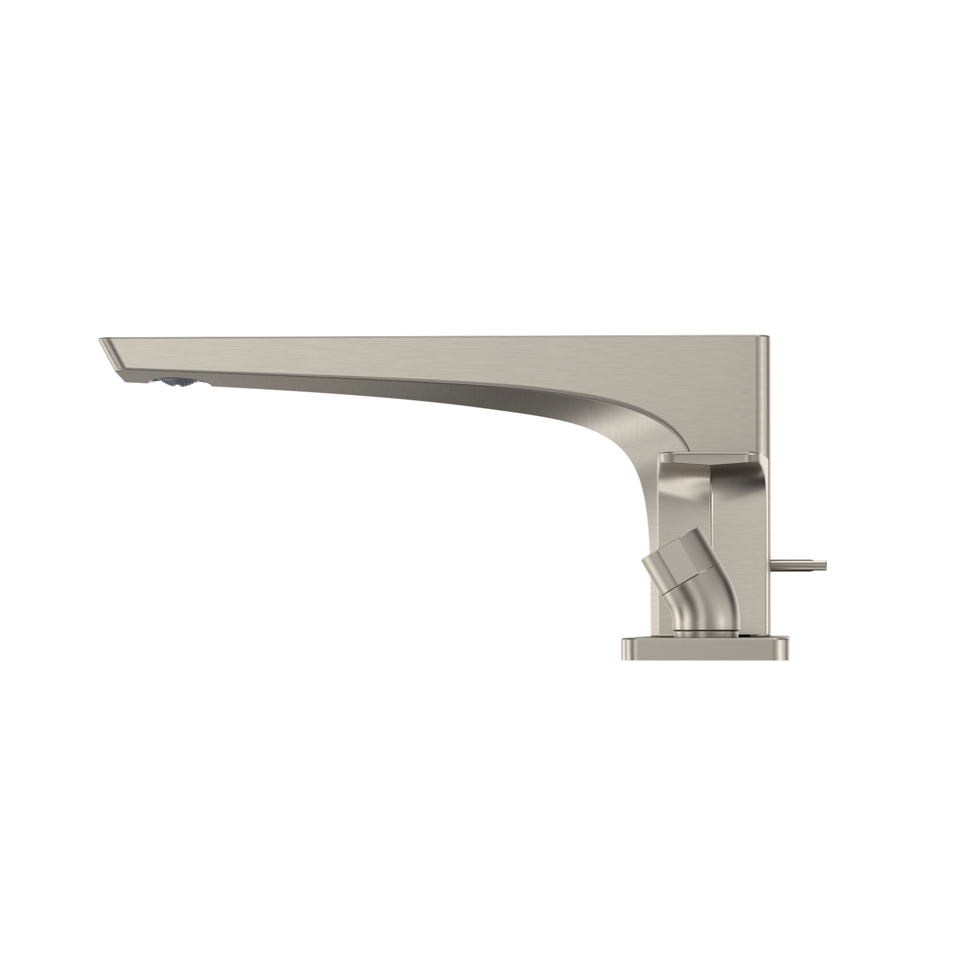 Brushed nickel two-handle roman tub filler with curved spout and detachable handshower attachment.