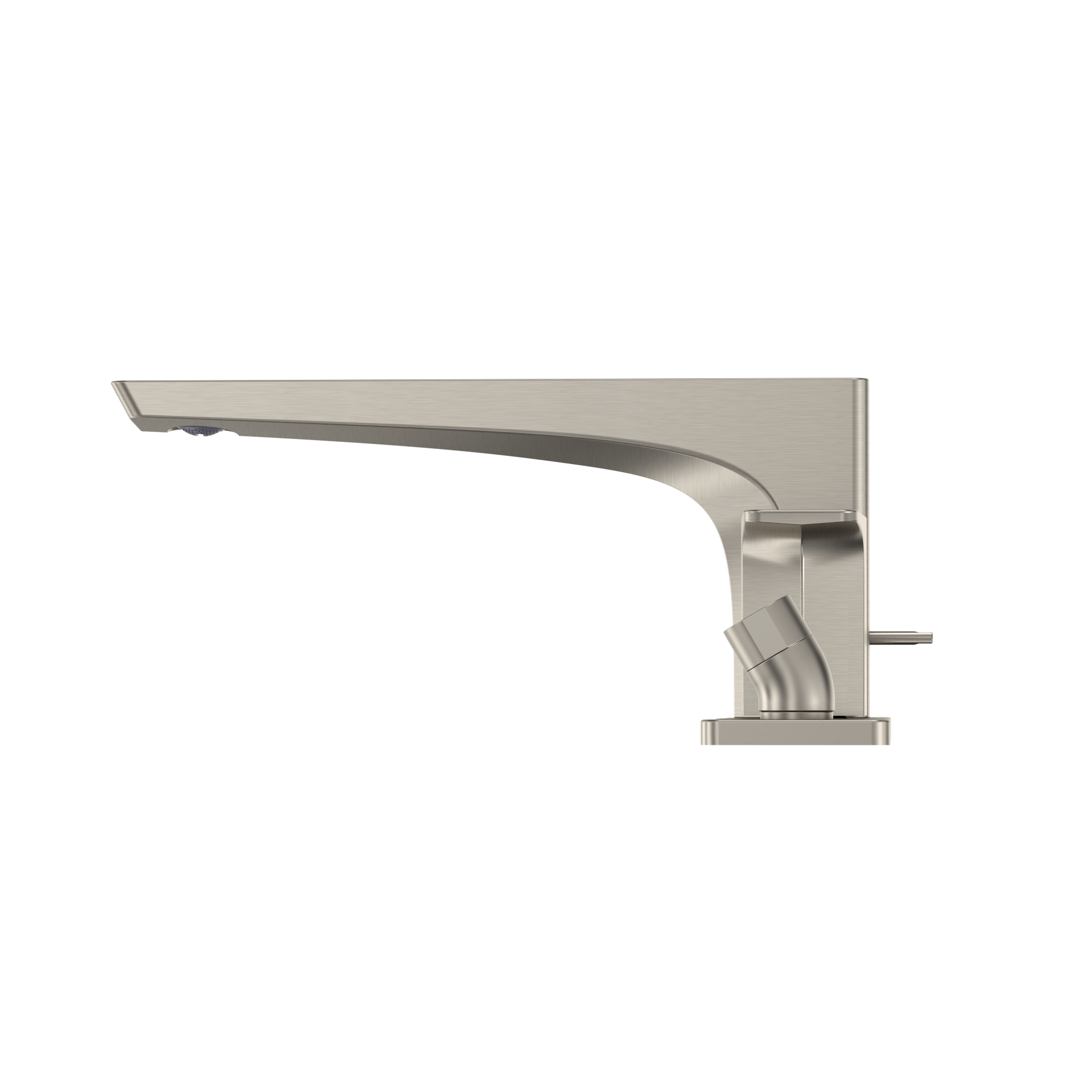 Brushed nickel two-handle roman tub filler with curved spout and detachable handshower attachment.
