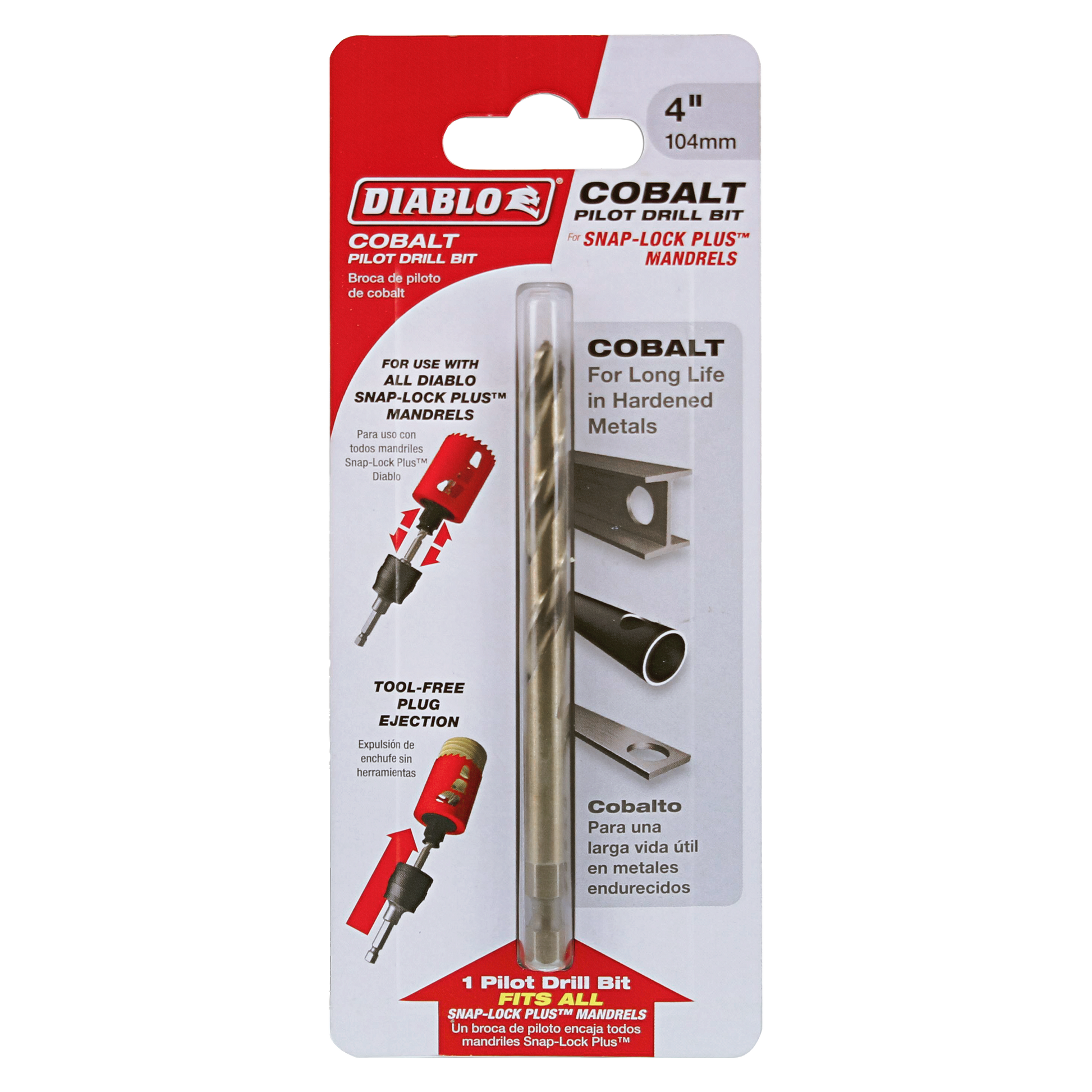 Diablo 4-inch cobalt pilot drill bit in packaging with Snap-Lock Plus mandrel compatibility information and product details.