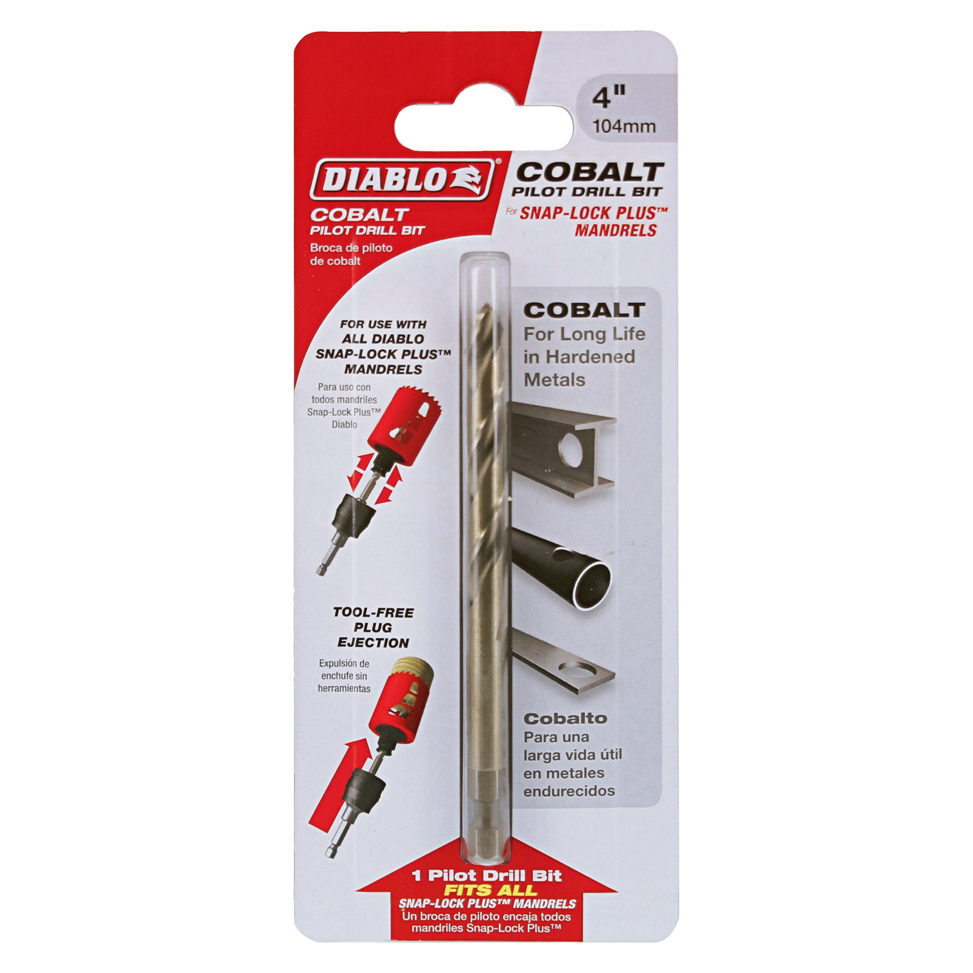 Diablo 4-inch cobalt pilot drill bit in packaging with Snap-Lock Plus mandrel compatibility information and product details.
