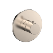 Brushed nickel round shower diverter trim with cylindrical lever handle and three-way valve marking.