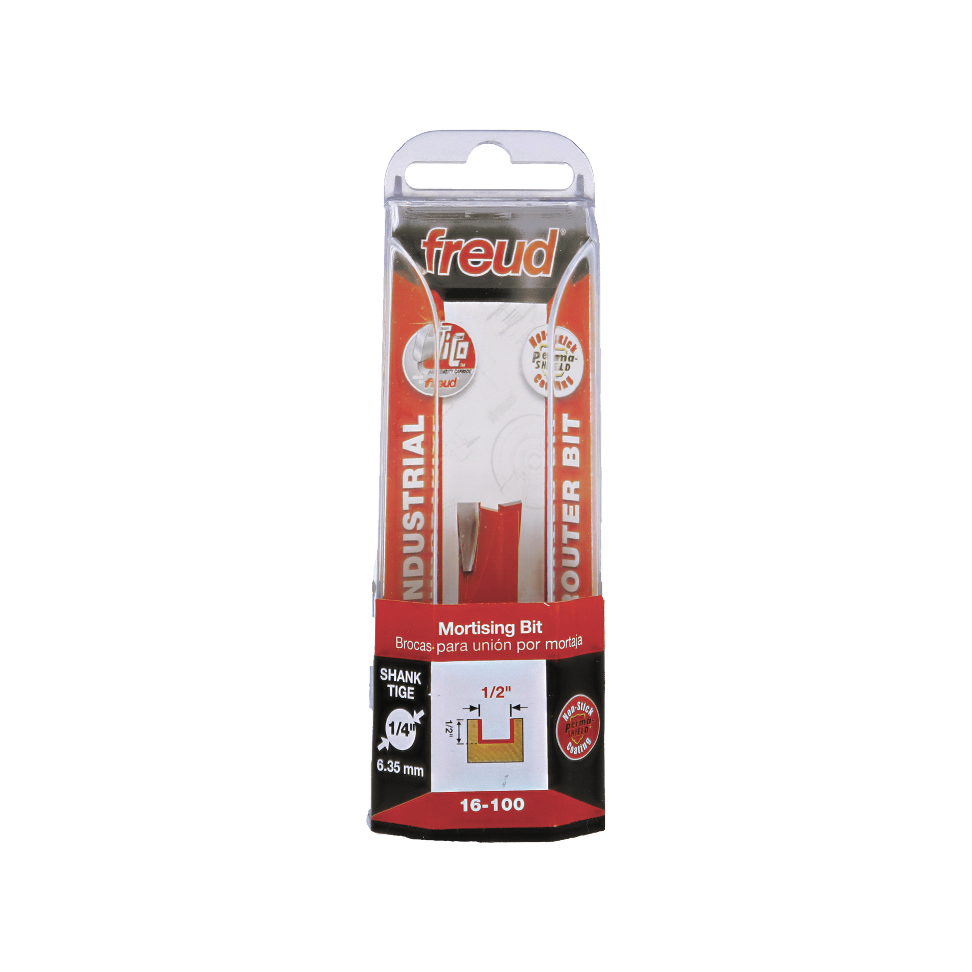 Freud 16-100 mortising bit with 1/2" diameter in clear plastic clamshell packaging with red and black labeling.