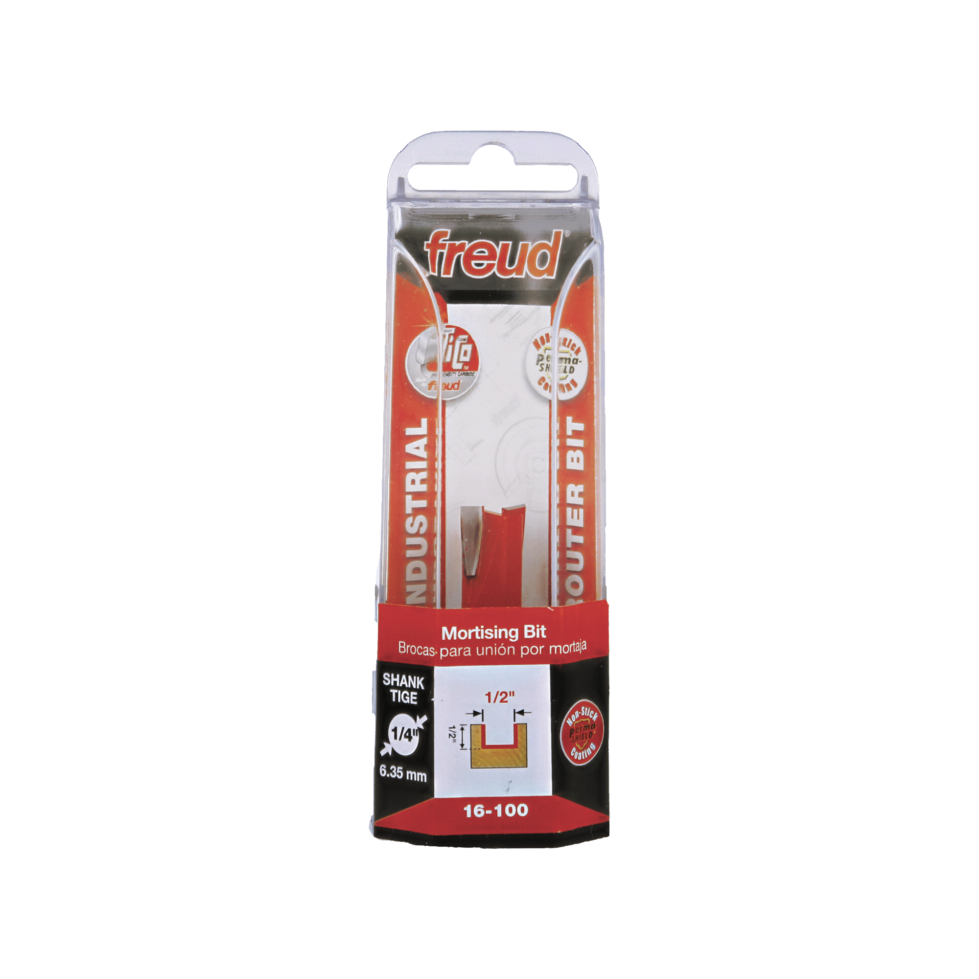Freud 16-100 mortising bit with 1/2" diameter in clear plastic clamshell packaging with red and black labeling.