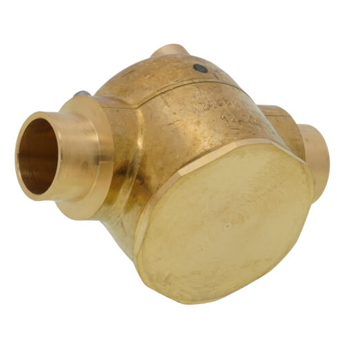 Brass 2-way valve body with 1/2" SAE flare connections and spherical design.