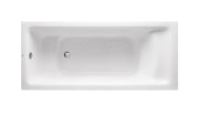 Pearl white rectangular drop-in soaker tub with reclined backrest and built-in controls on the rim.