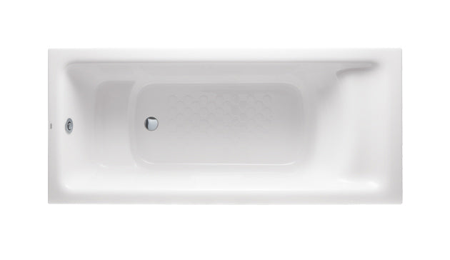 Pearl white rectangular drop-in soaker tub with reclined backrest and built-in controls on the rim.