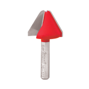 Red cone-shaped router bit with gray metal shaft and Freud branding on cylindrical handle.