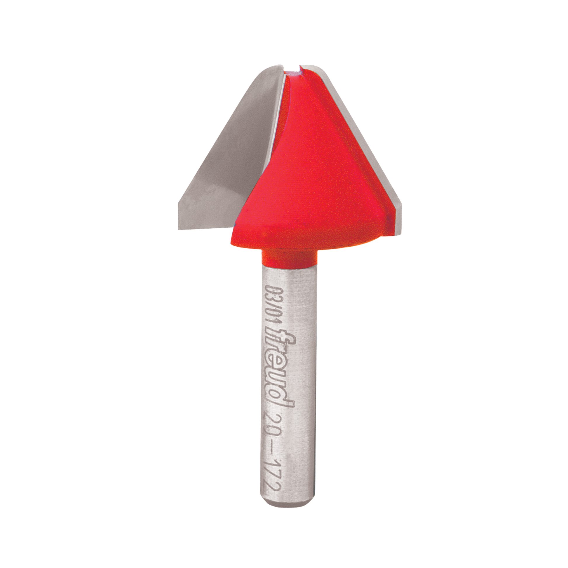 Red cone-shaped router bit with gray metal shaft and Freud branding on cylindrical handle.