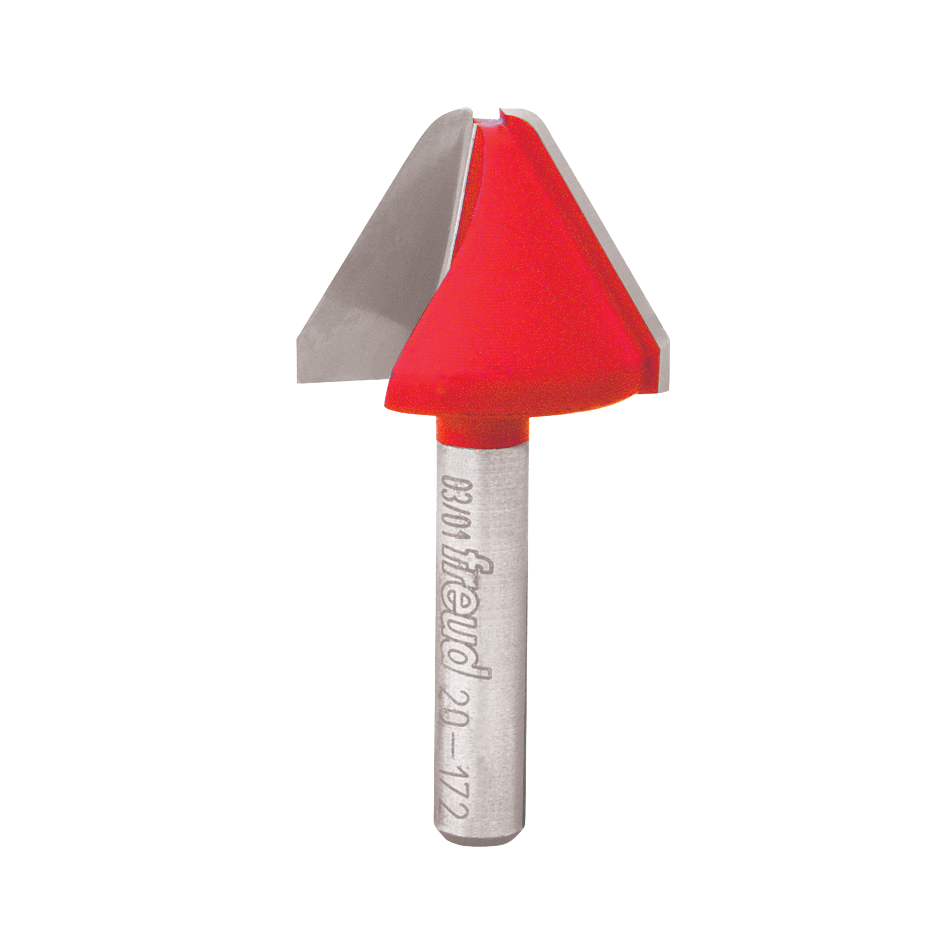 Red cone-shaped router bit with gray metal shaft and Freud branding on cylindrical handle.