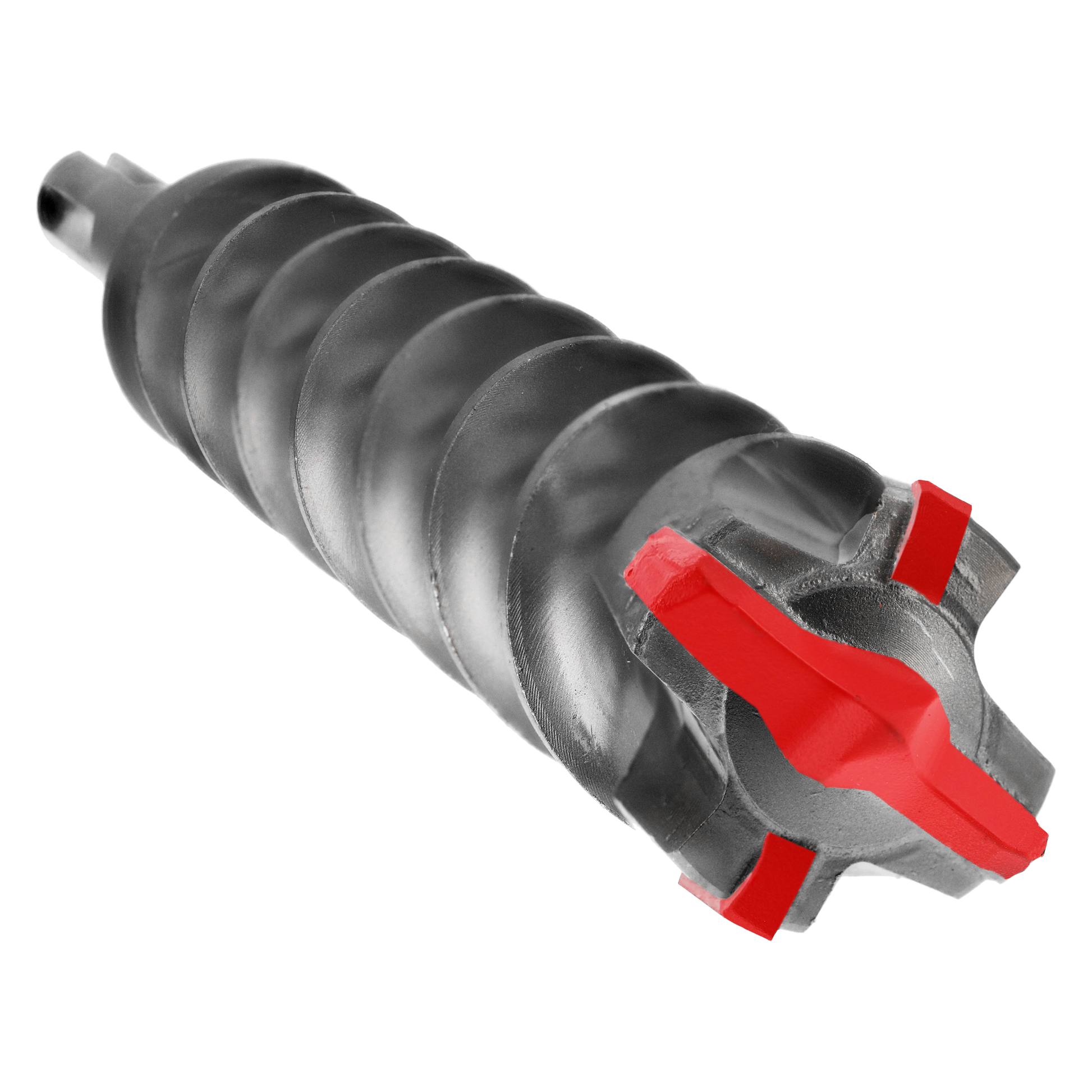 SDS-Max hammer drill bit with spiral flutes, four red carbide cutters at tip, and cylindrical shank.