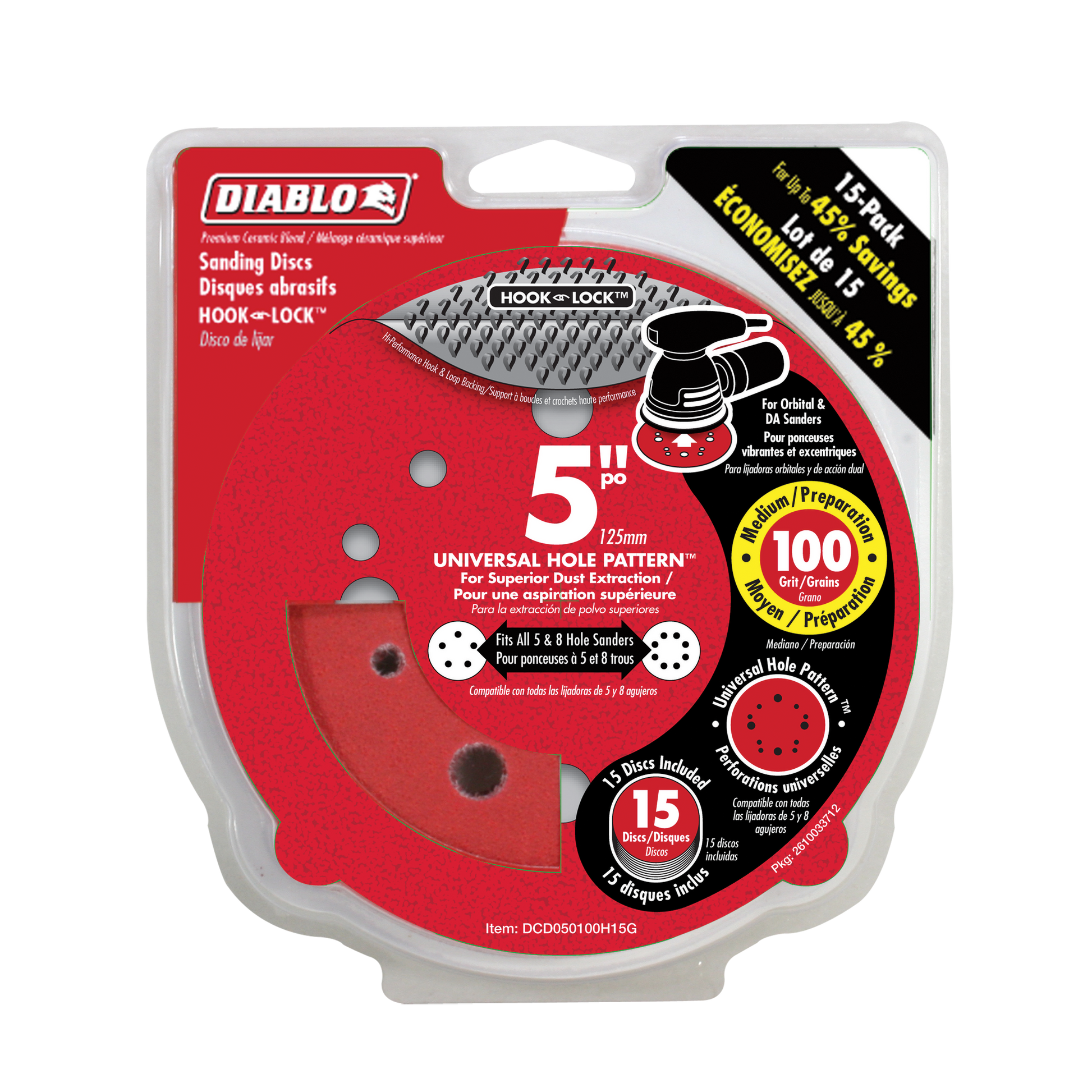 Pack of 15 red Diablo 5-inch 100-grit hook and loop sanding discs with universal hole pattern for orbital sanders.