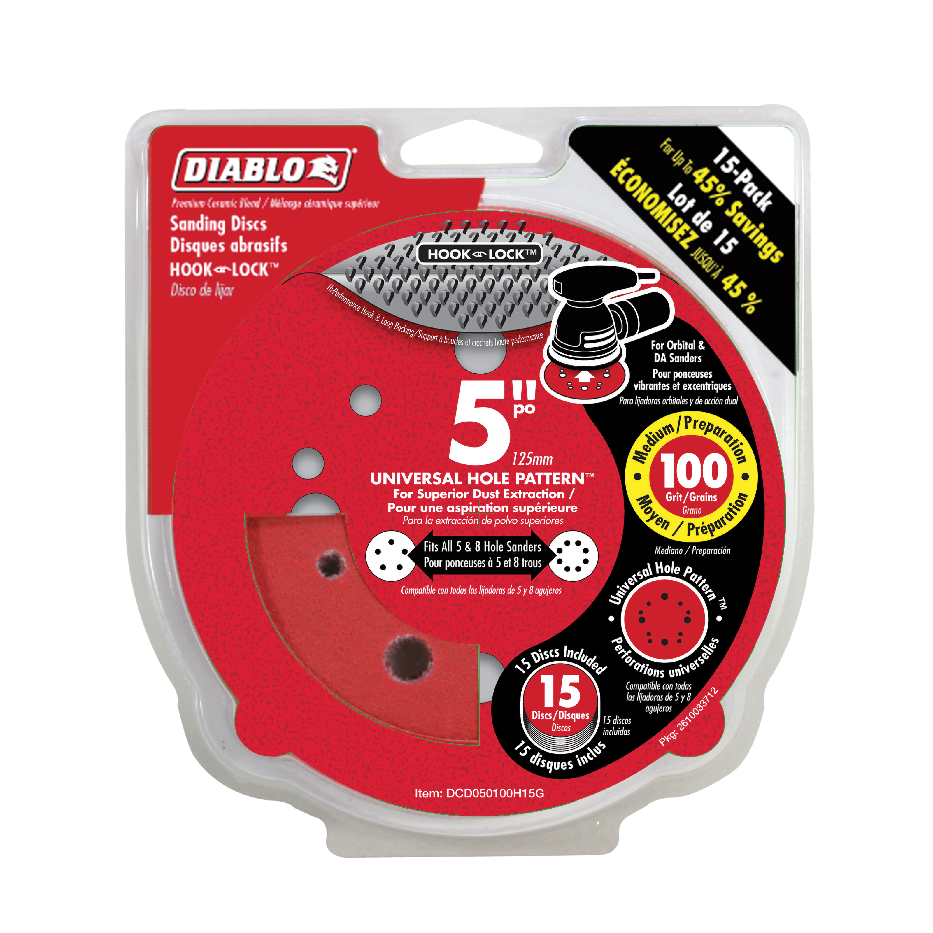 Pack of 15 red Diablo 5-inch 100-grit hook and loop sanding discs with universal hole pattern for orbital sanders.