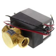 Brass zone valve with black actuator housing, red and black wires, and 1/2 inch threaded ports.