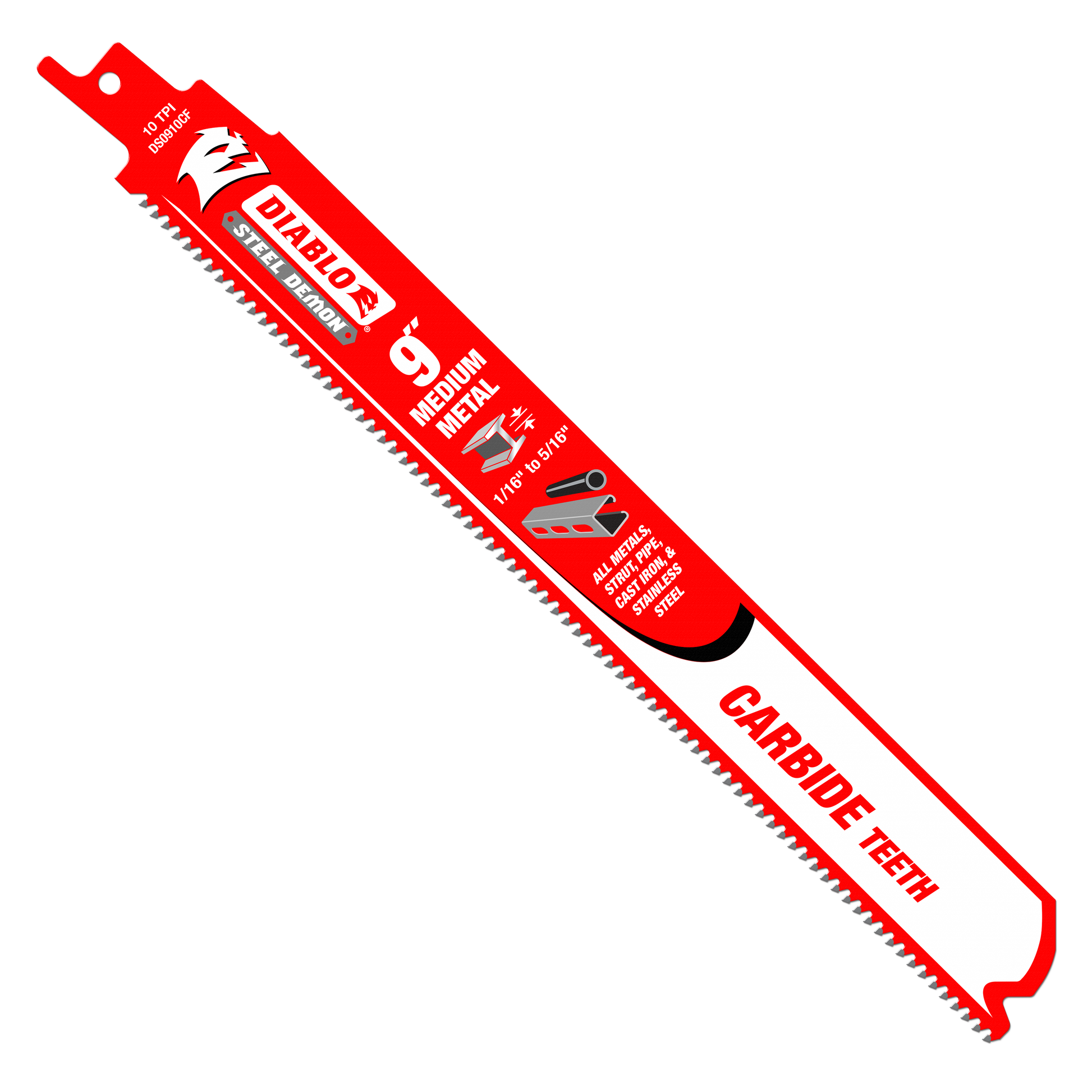 Red and black 9-inch reciprocating saw blade with carbide teeth and mounting hole at top.