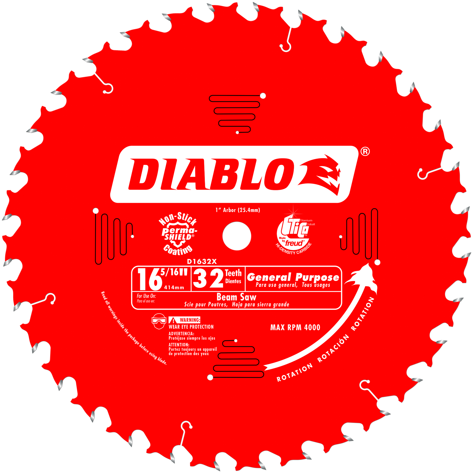 Red circular saw blade with 32 teeth, 1" arbor hole, Diablo branding, and general purpose markings.