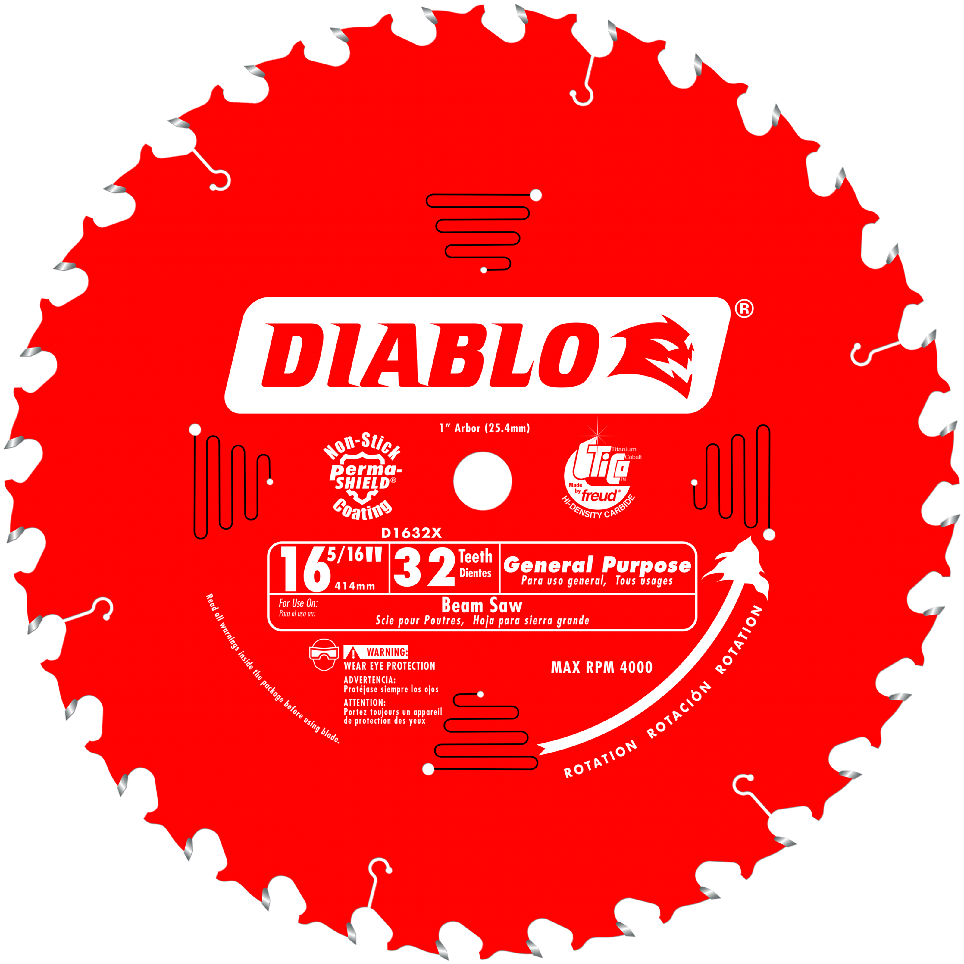 Red circular saw blade with 32 teeth, 1" arbor hole, Diablo branding, and general purpose markings.