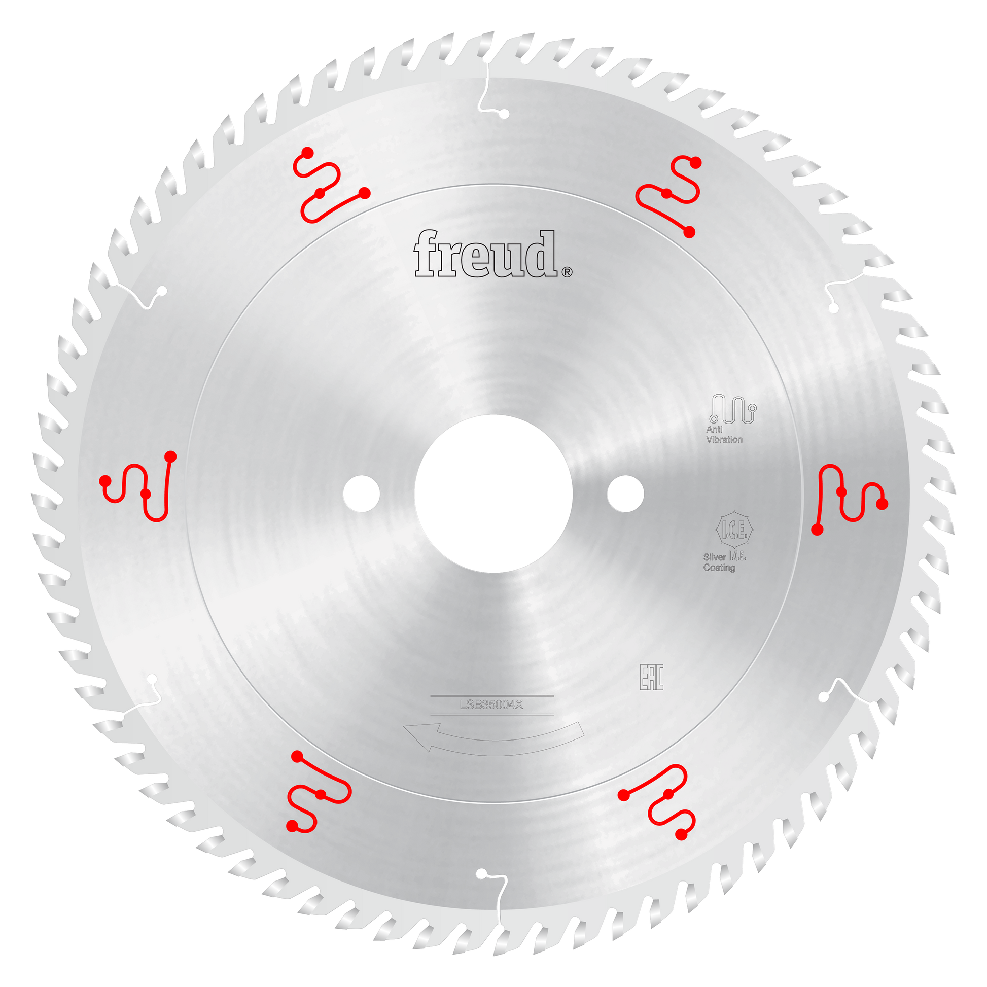 350mm circular saw blade with silver coating and red markings, featuring multiple teeth around the perimeter and central moun