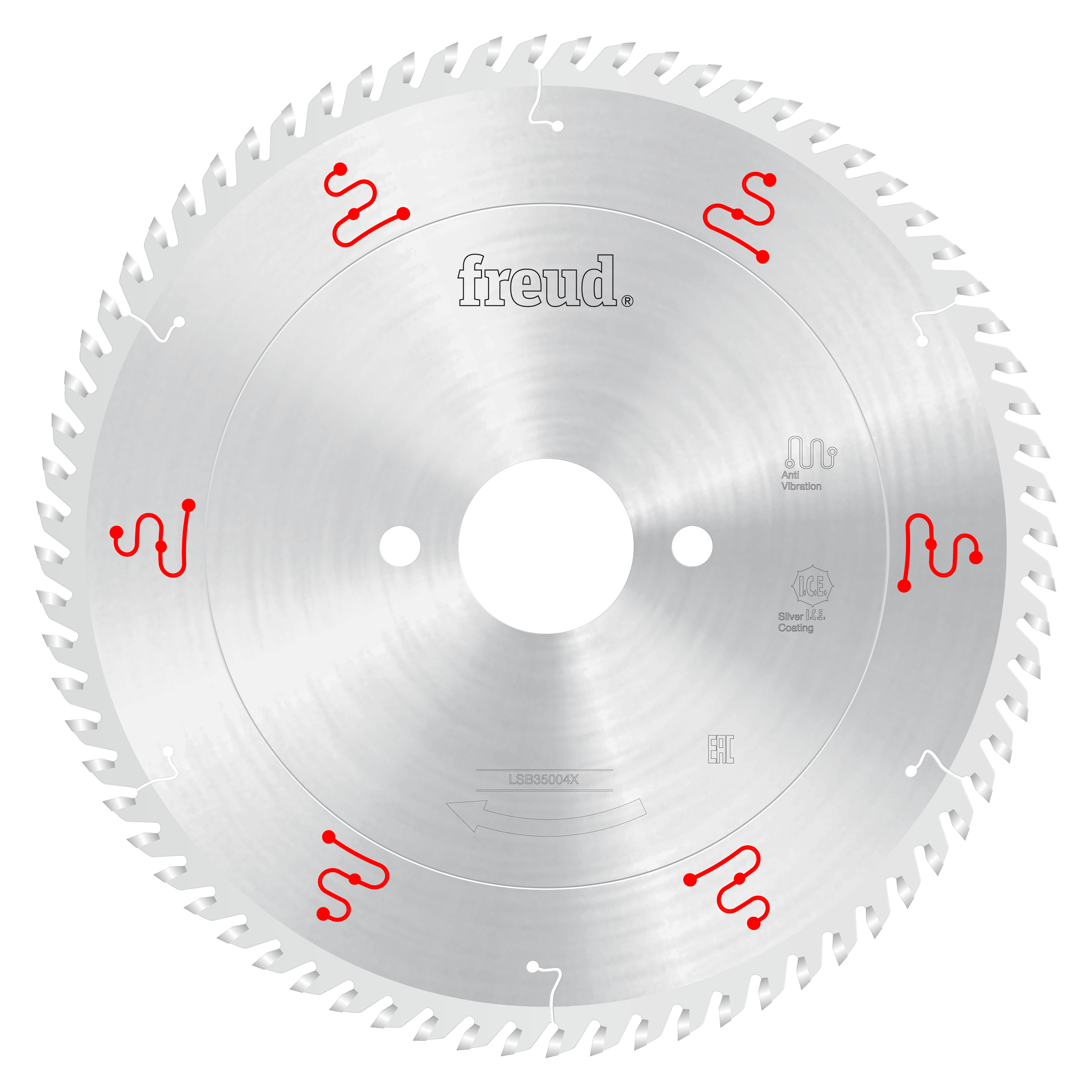 350mm circular saw blade with silver coating and red markings, featuring multiple teeth around the perimeter and central moun