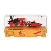 Three red and black router bits with adjustable components displayed in a clear plastic case with wooden base and instruction