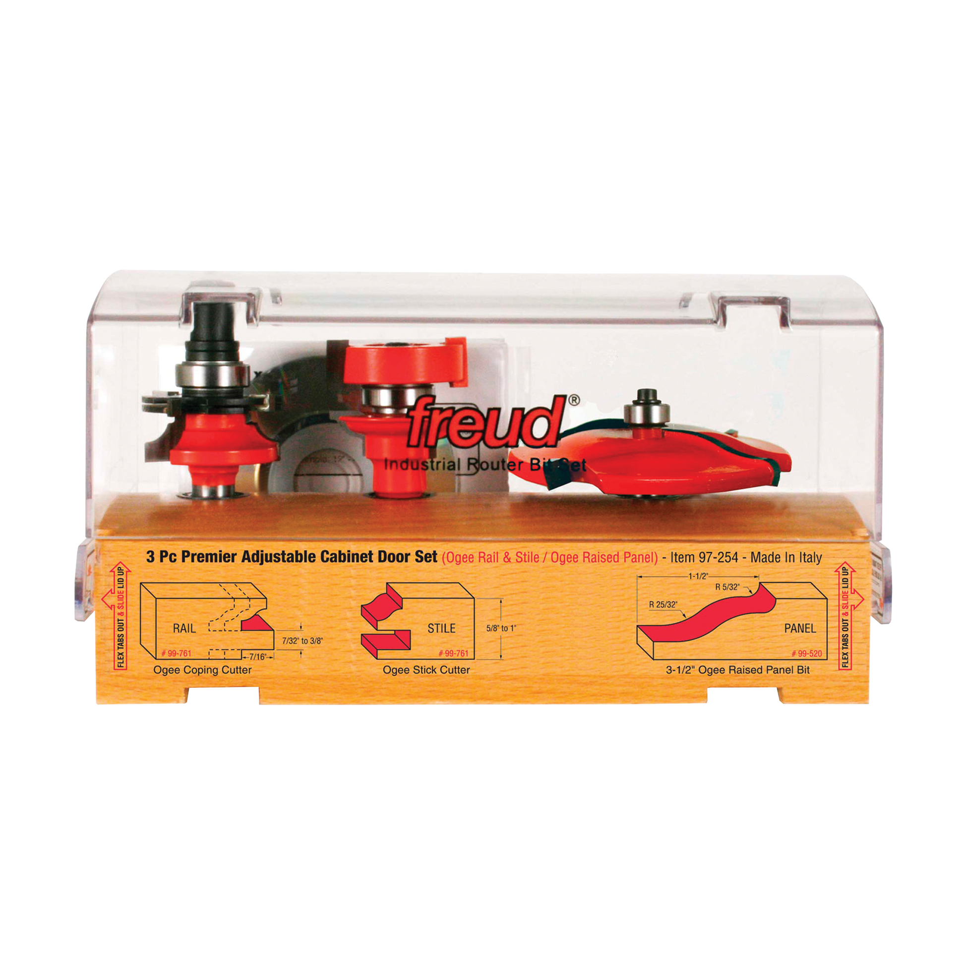 Three red and black router bits with adjustable components displayed in a clear plastic case with wooden base and instruction