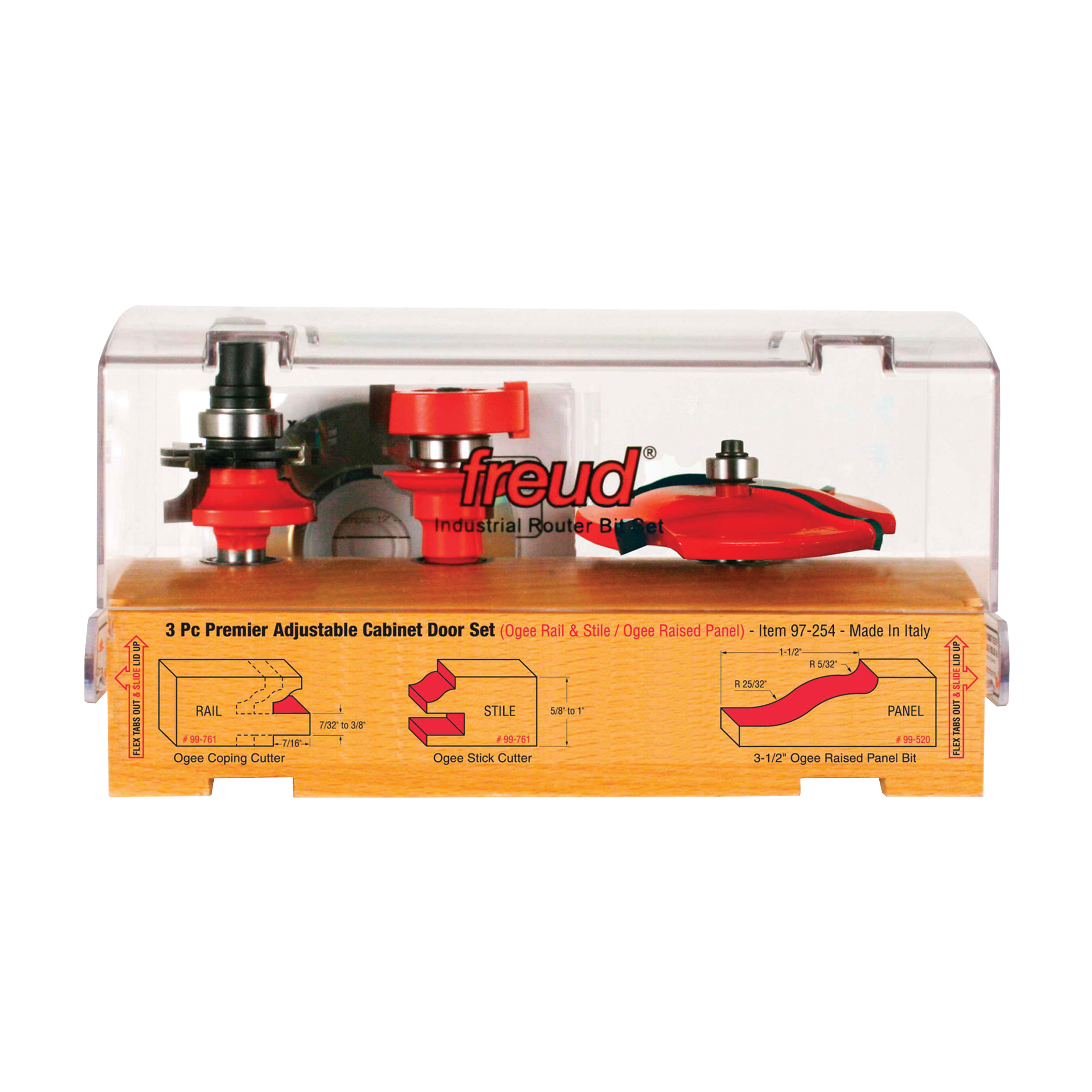 Three red and black router bits with adjustable components displayed in a clear plastic case with wooden base and instruction
