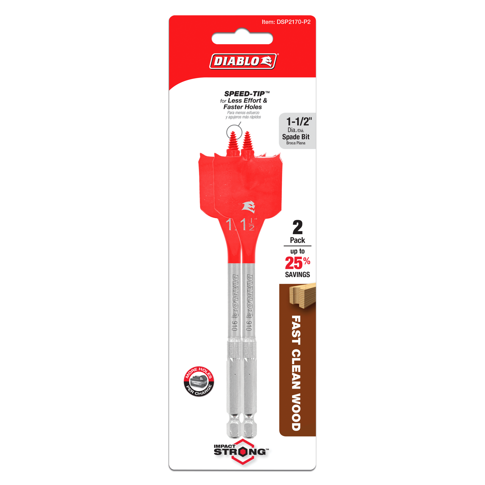Two Diablo 1-1/2 inch red spade bits with gray metal shanks on red and white packaging.