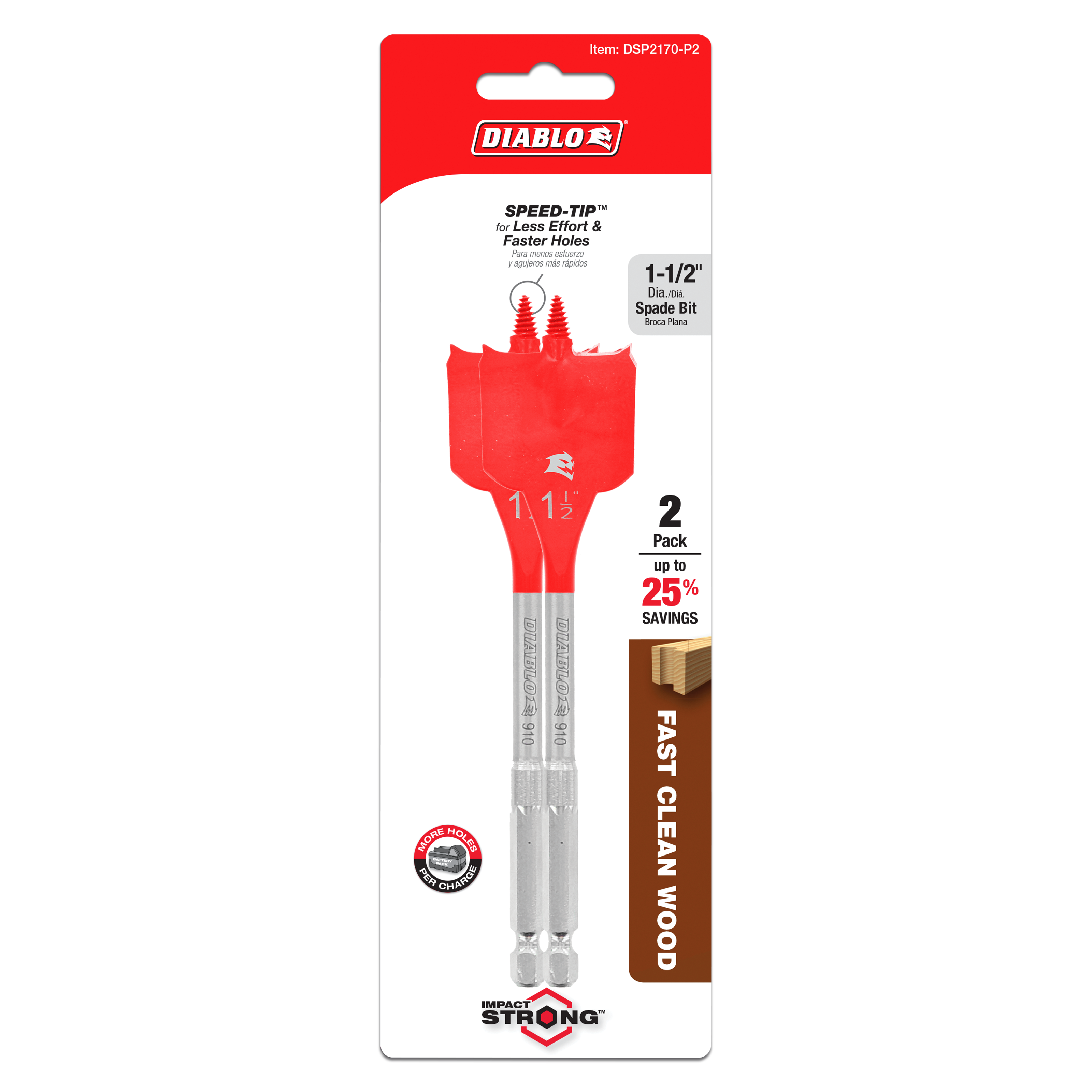 Two Diablo 1-1/2 inch red spade bits with gray metal shanks on red and white packaging.
