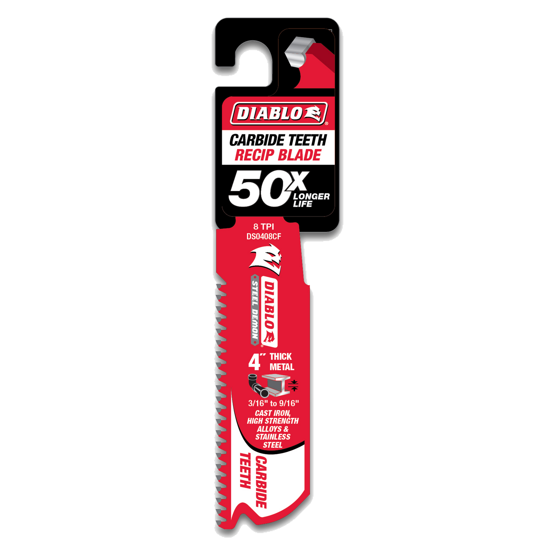 Diablo 4-inch carbide tooth reciprocating saw blade with red packaging and hanging tab.