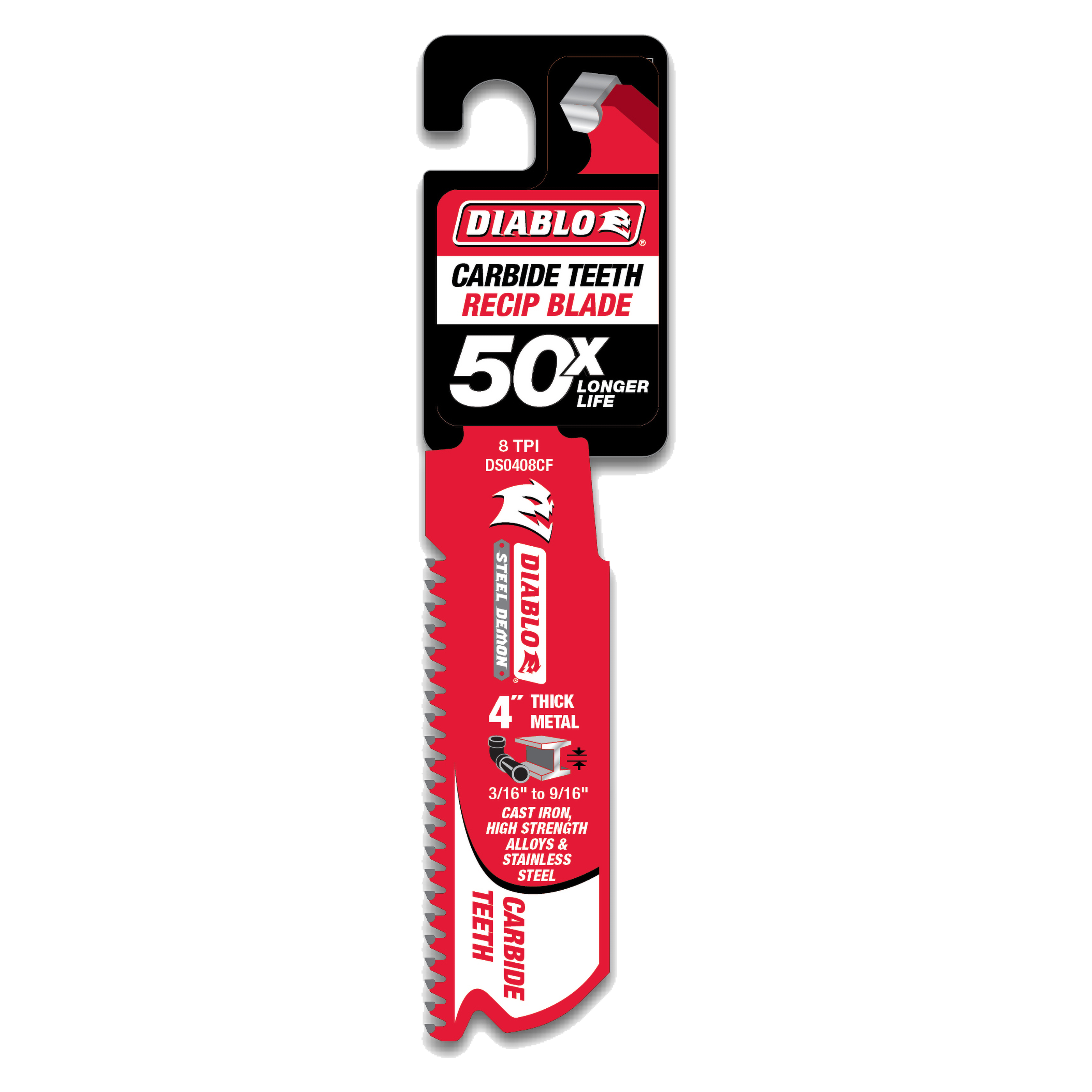 Diablo 4-inch carbide tooth reciprocating saw blade with red packaging and hanging tab.