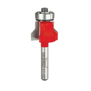 Red and silver flush and bevel trim bit with metal bearing collar and steel shaft.