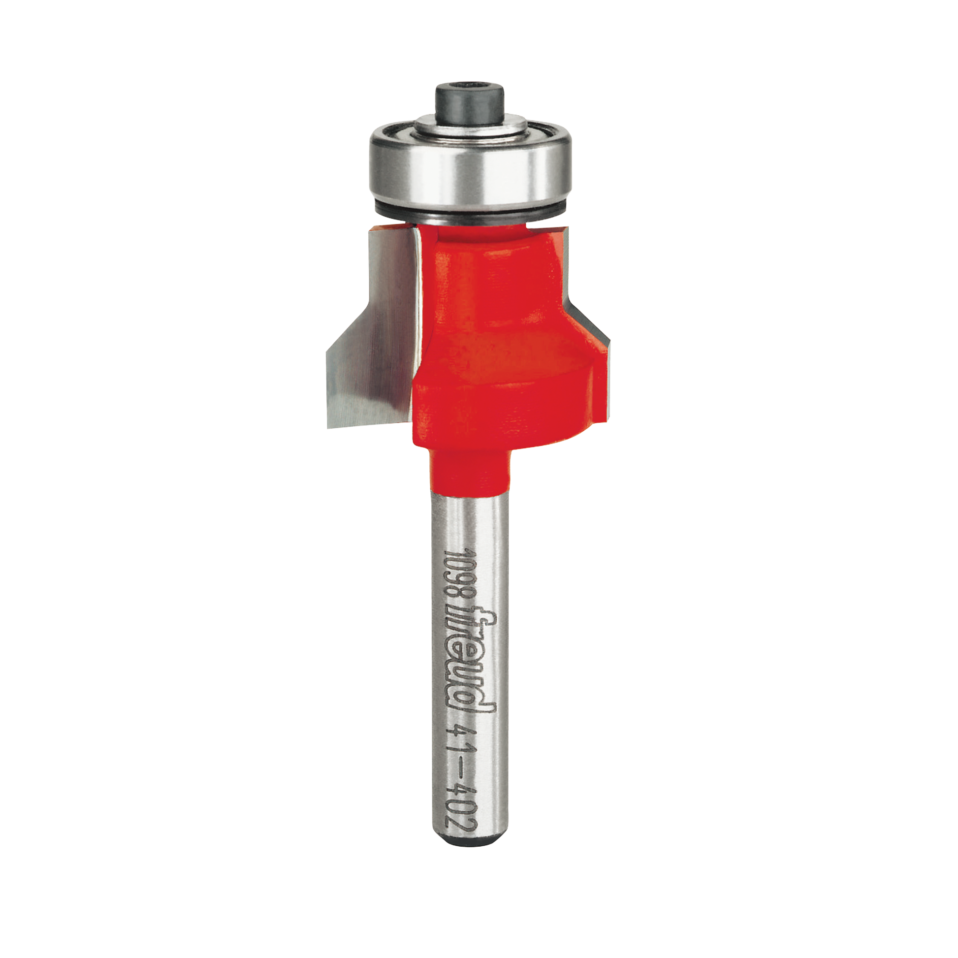 Red and silver flush and bevel trim bit with metal bearing collar and steel shaft.