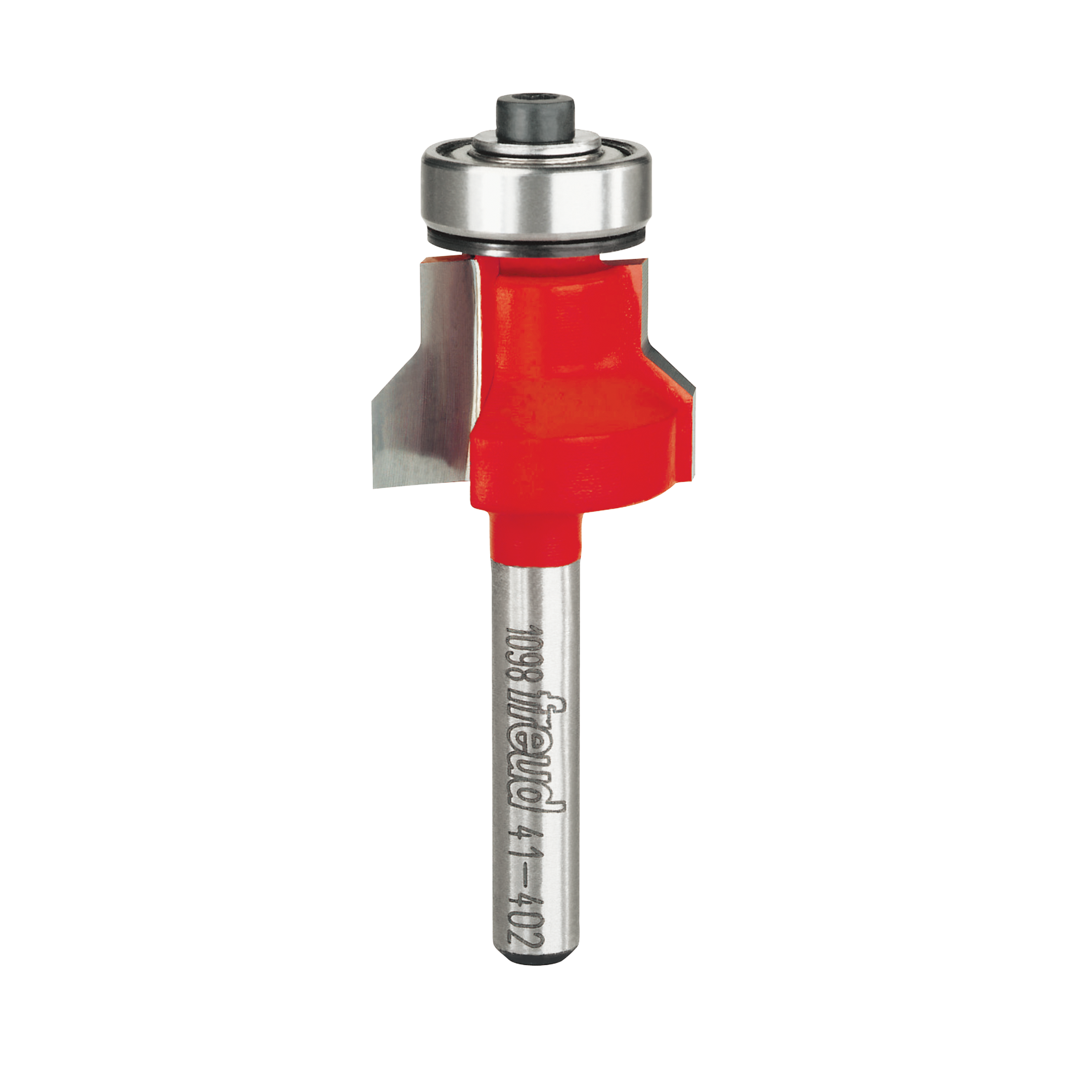 Red and silver flush and bevel trim bit with metal bearing collar and steel shaft.
